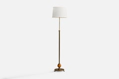 Danish Designer, Floor Lamp, Brass, Wood, Parchment, Denmark, 1920s