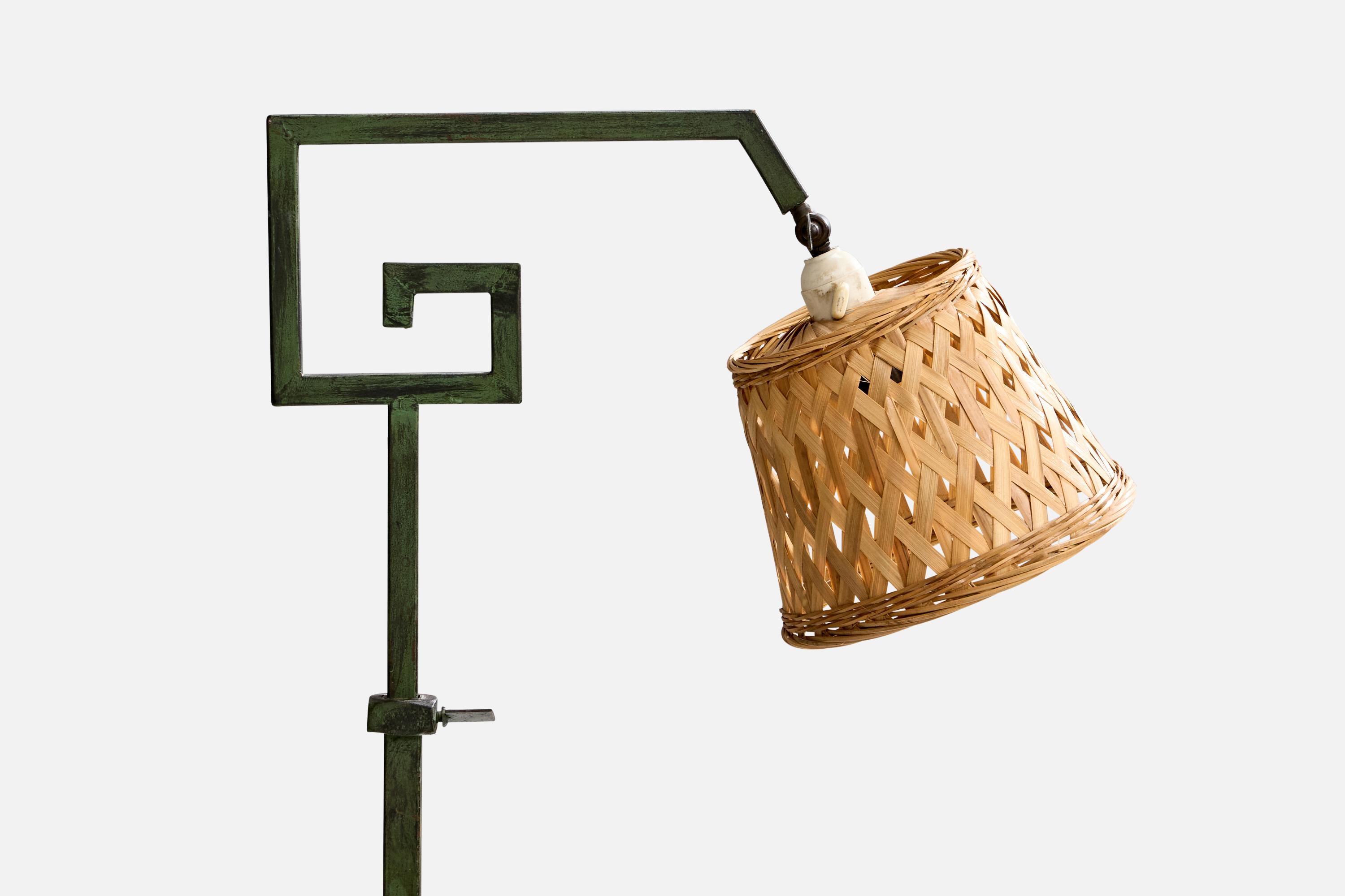 Danish Designer, Floor Lamp, Iron, Rattan, Denmark, 1940s In Good Condition For Sale In High Point, NC