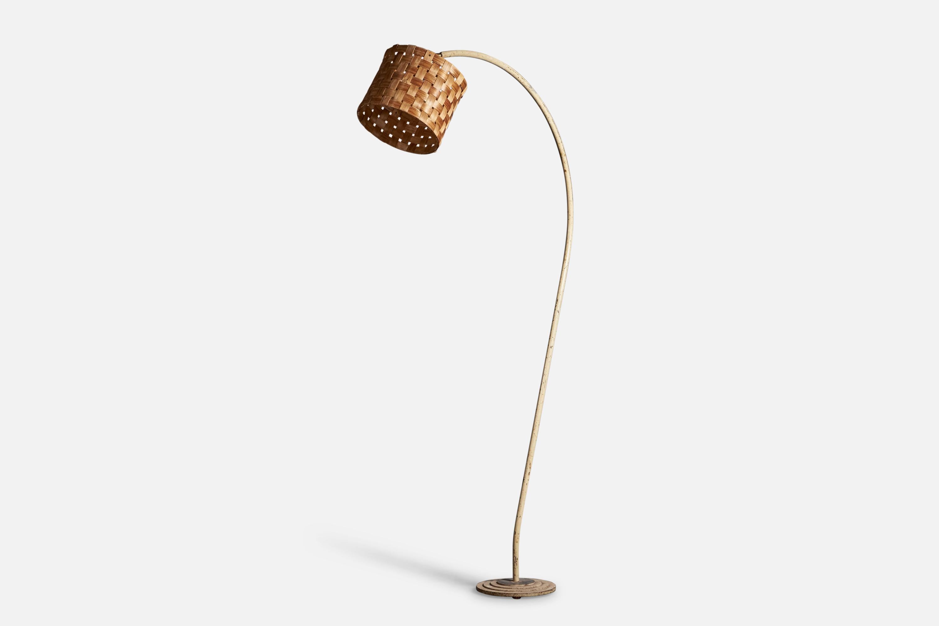 A white-painted metal and braided pine veneer floor lamp, designed and produced in Denmark, c. 1930s

Overall Dimensions: 66.75