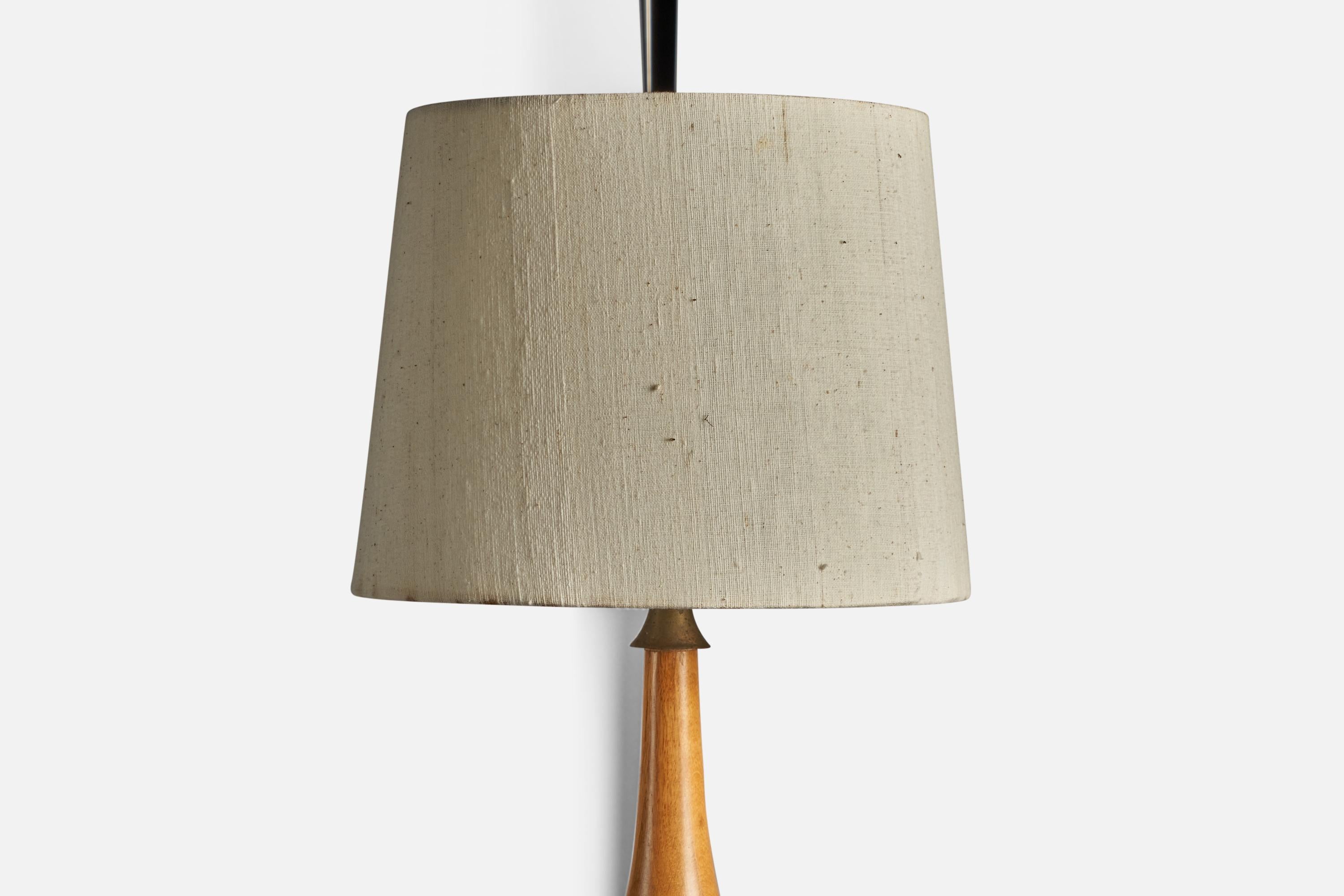 Mid-20th Century Danish Designer, Floor Lamp, Oak, Brass, Fabric, Denmark, 1950s For Sale