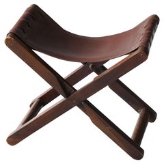 Danish Designer, Foldable Stool, Leather, Stained Wood, Denmark, 1940s