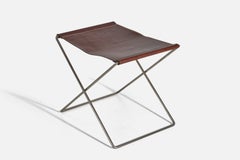 Danish Designer, Folding Stool, Brown Leather, Metal, Denmark, 1970s