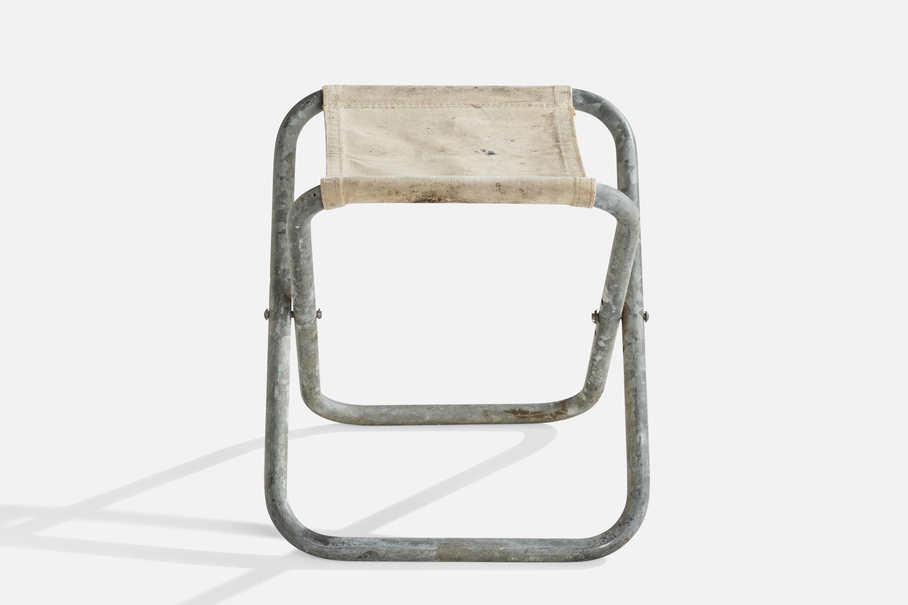 Danish Designer, Folding Stool, Galvanized Steel, Canvas, Denmark, 1940s In Fair Condition For Sale In High Point, NC
