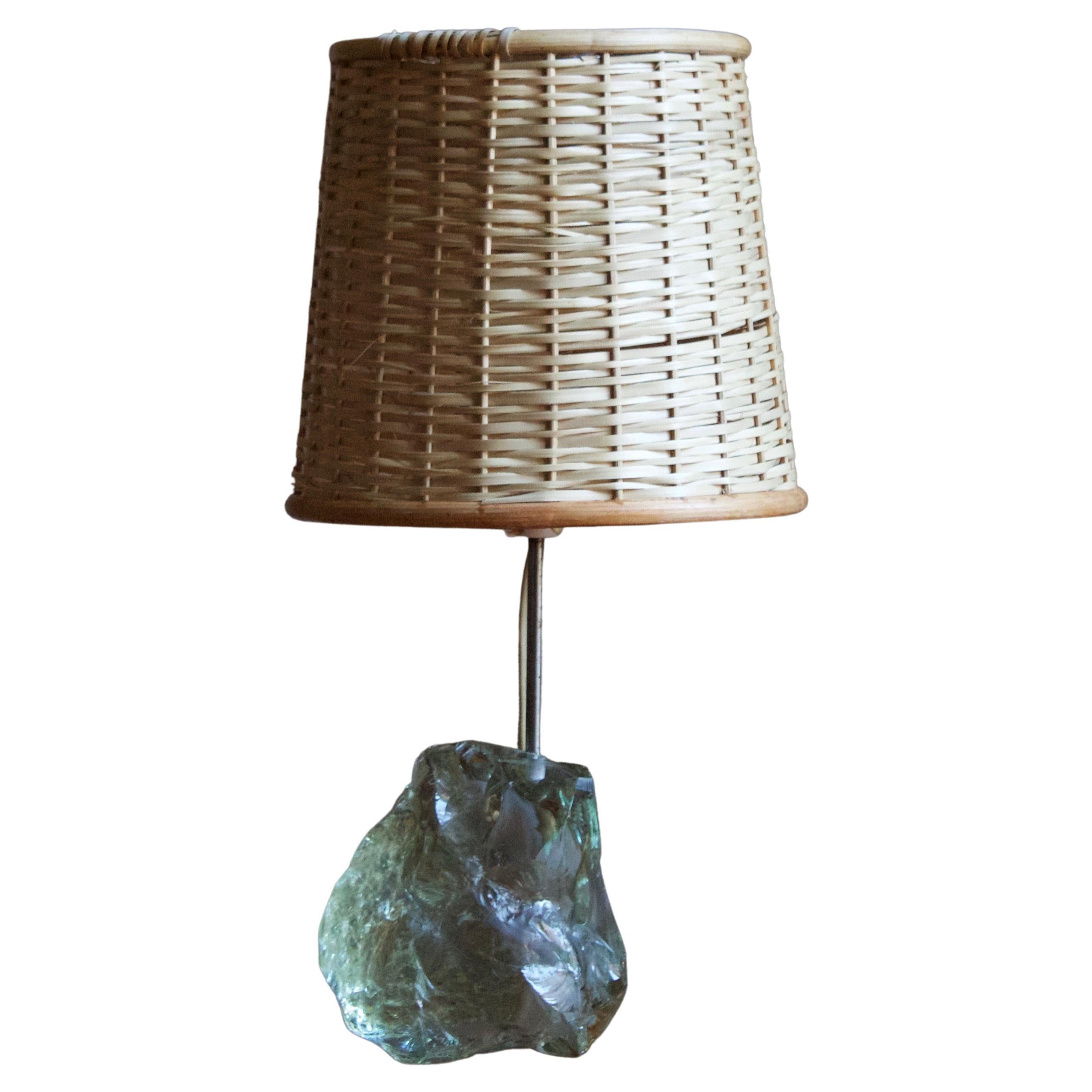 Danish Designer, Freeform Table Lamp, Metal, Green Glass, Denmark, 1960s