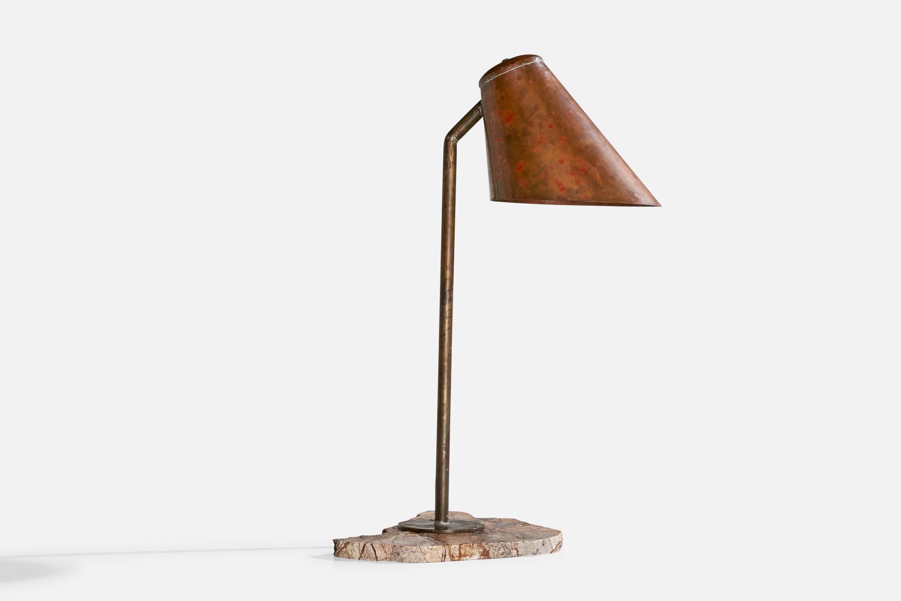 A copper and marble garden light or table lamp designed and produced in Denmark, c. 1940s.

Dimensions of Lamp with Shade (inches):  22“ H x 13” W x 13.5” D

Bulb Specifications: E-26 

Number of Sockets (per fixture): 1

Sold with lampshade.

All