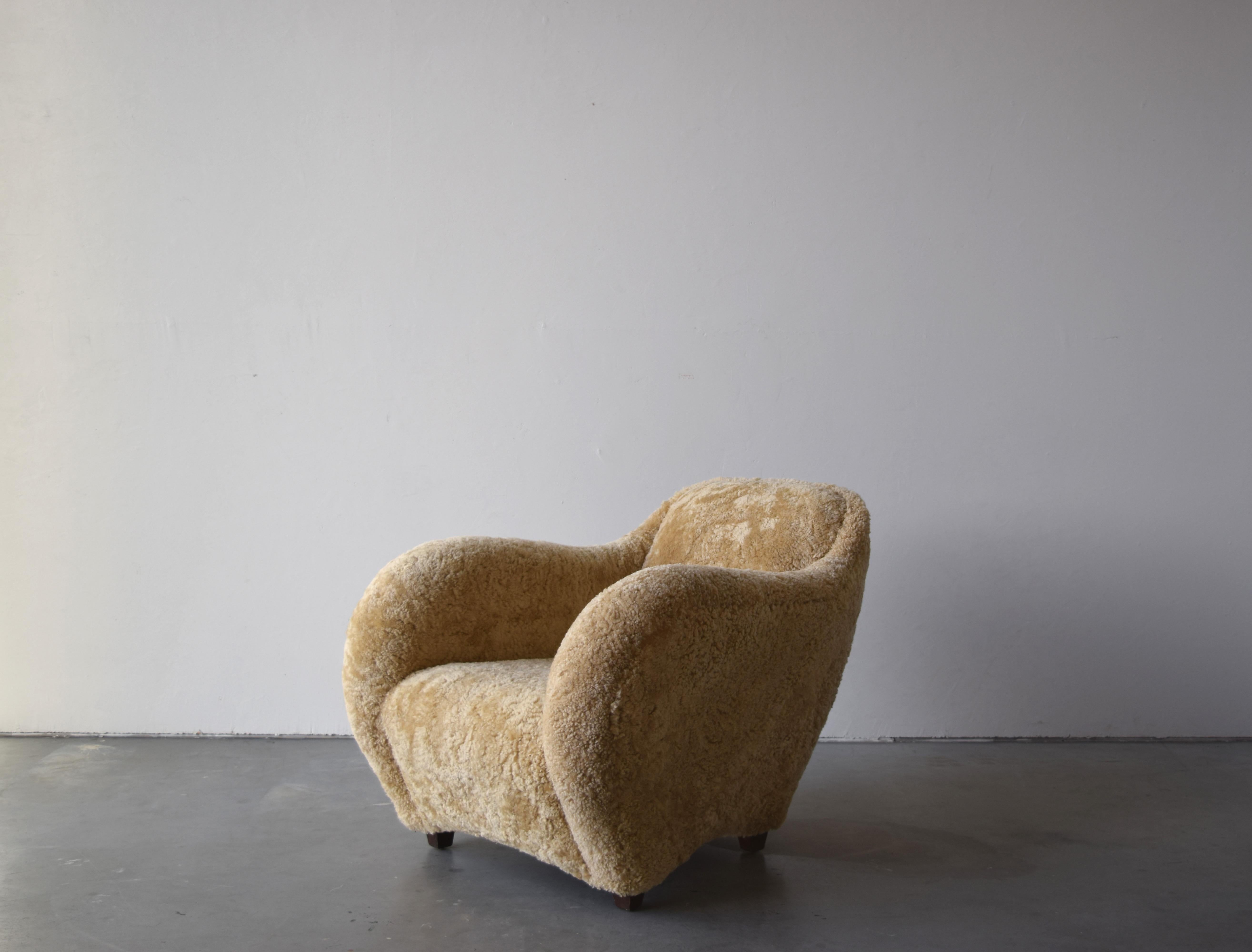 Organic Modern Danish Designer, Large Organic Lounge Chair, Sheepskin, Wood, Denmark, 1940s