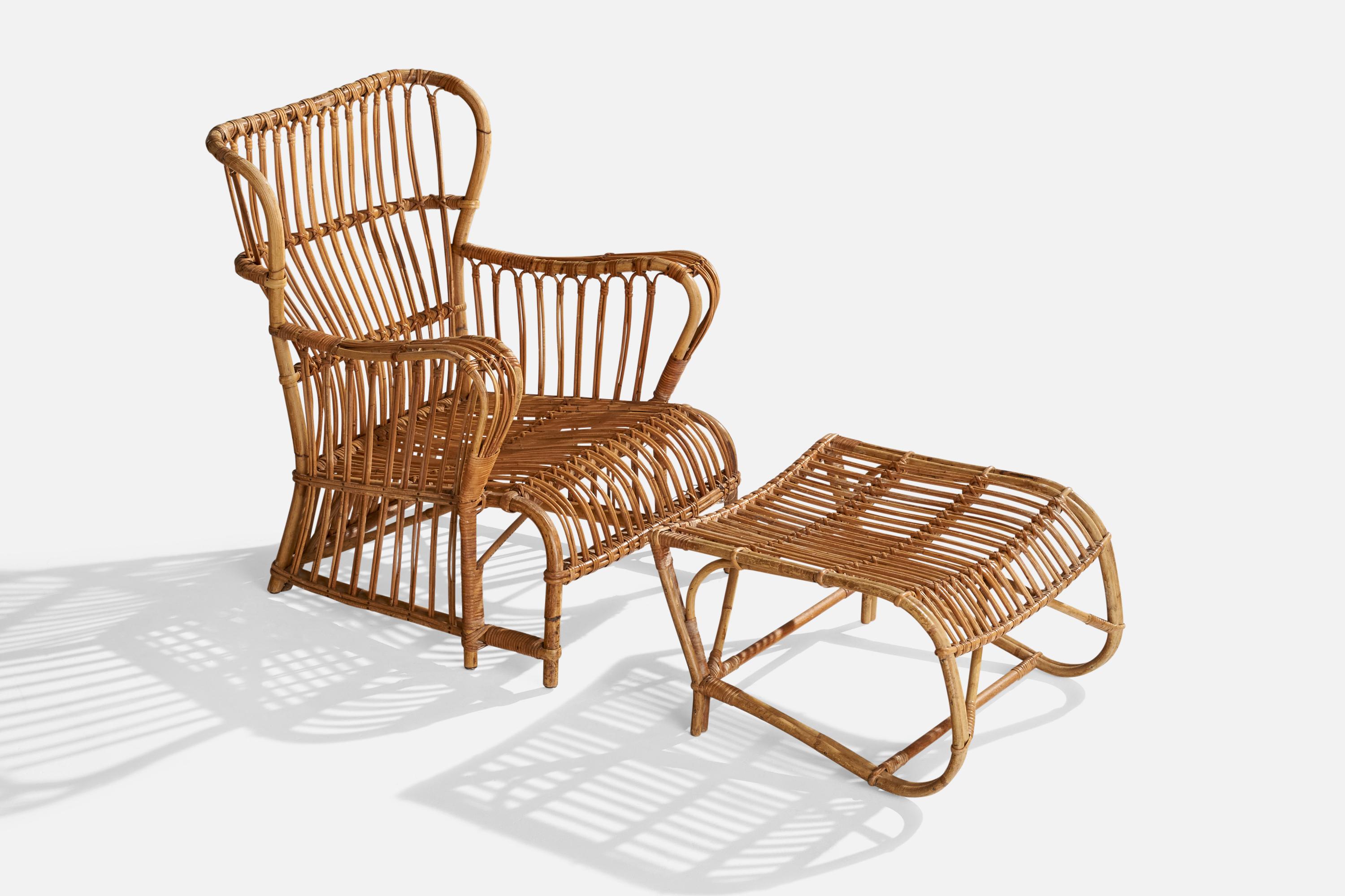 A moulded bamboo and rattan lounge chair designed and produced in Denmark, c. 1940s.

Seat height 12.5”
Ottoman dimensions 13” H x 22” W x 22.5” D
