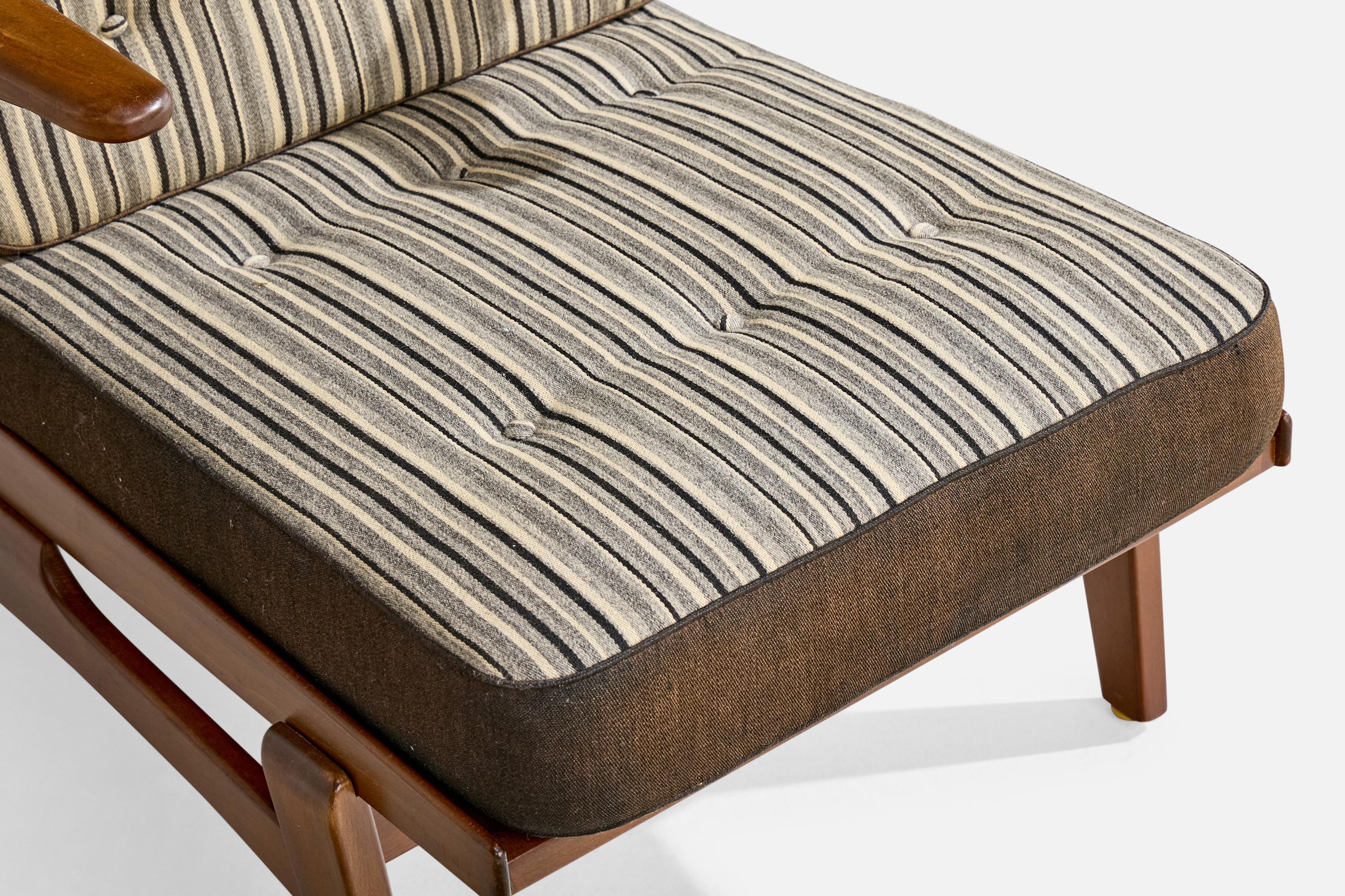Dänischer Designer, Loungesessel, Buche, Stoff, Dänemark, 1950er Jahre im Angebot 7