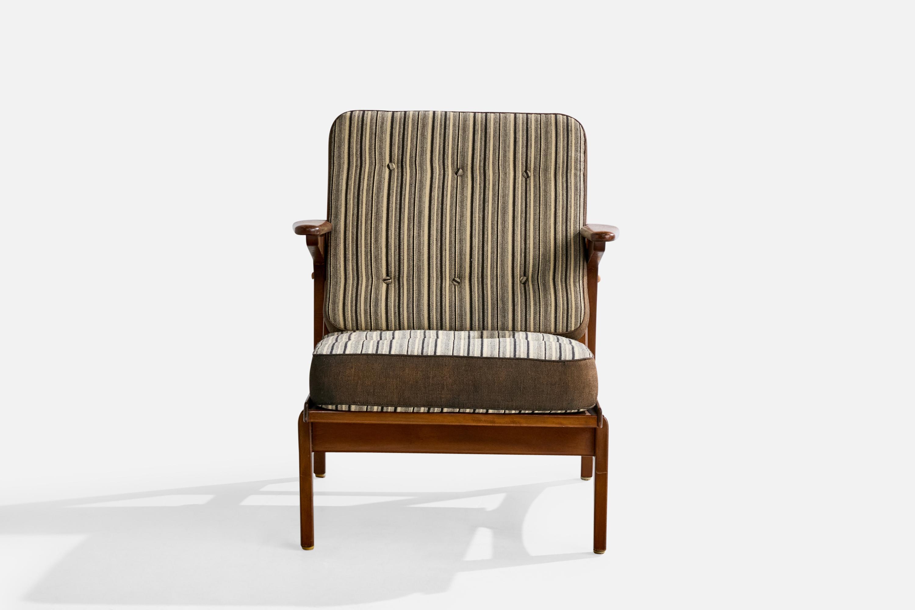 Dänischer Designer, Loungesessel, Buche, Stoff, Dänemark, 1950er Jahre (Mitte des 20. Jahrhunderts) im Angebot
