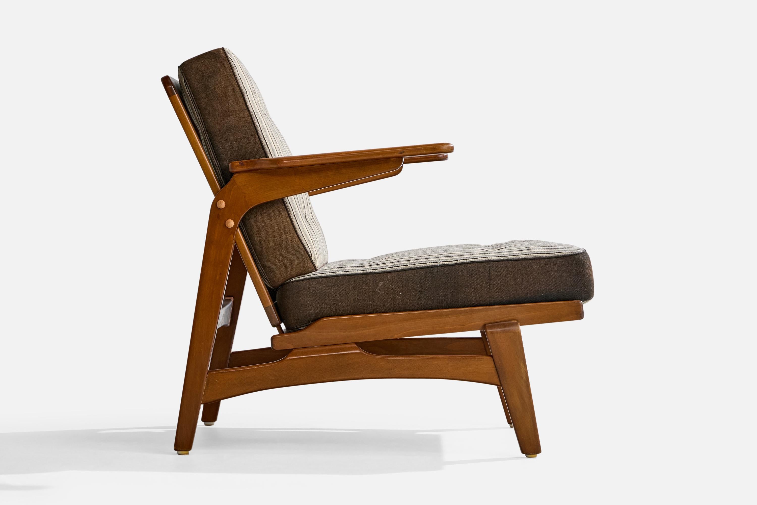Dänischer Designer, Loungesessel, Buche, Stoff, Dänemark, 1950er Jahre im Angebot 3