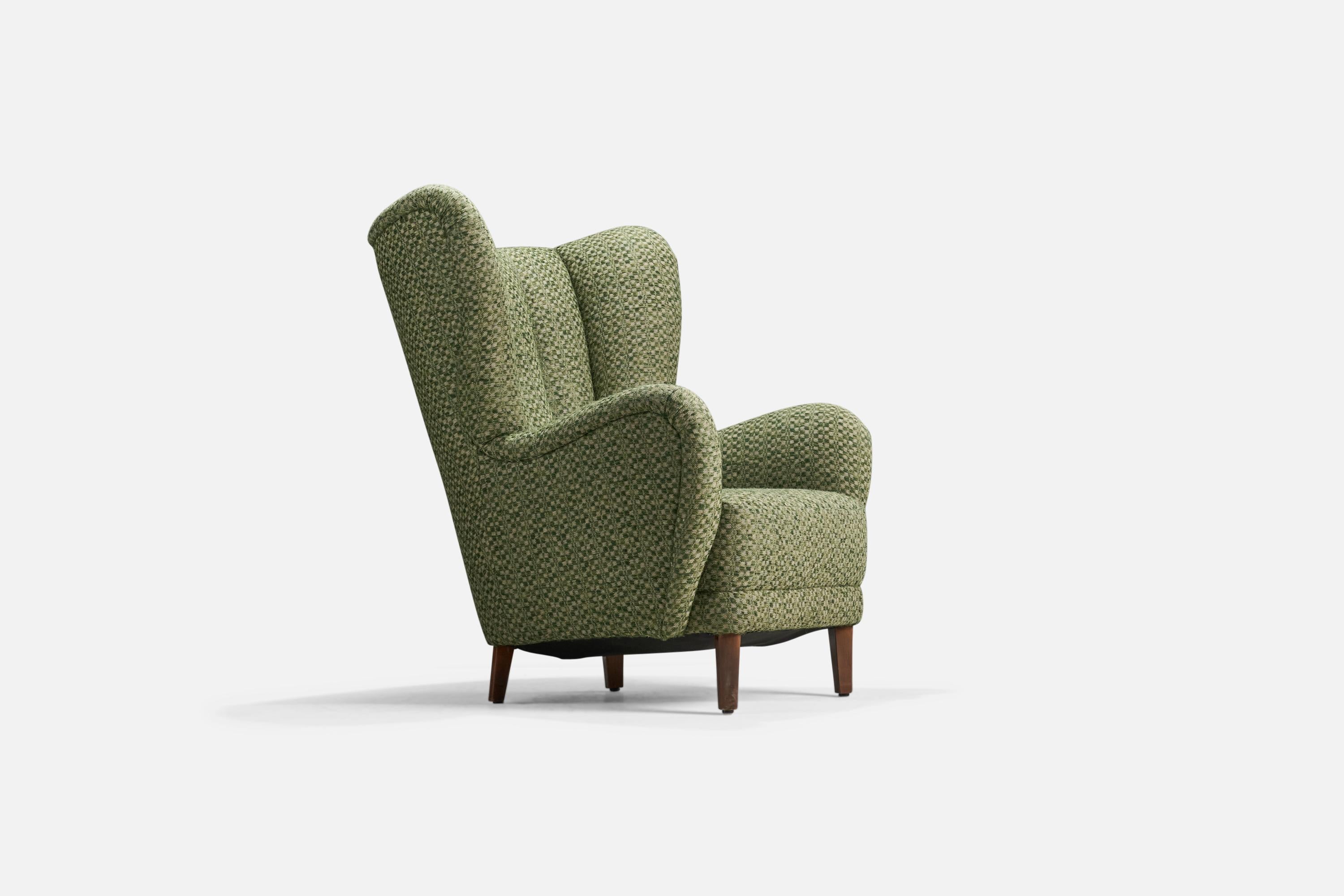 Mid-Century Modern Danish Designer, Lounge Chair, Green Fabric, Wood, Denmark, 1940s For Sale