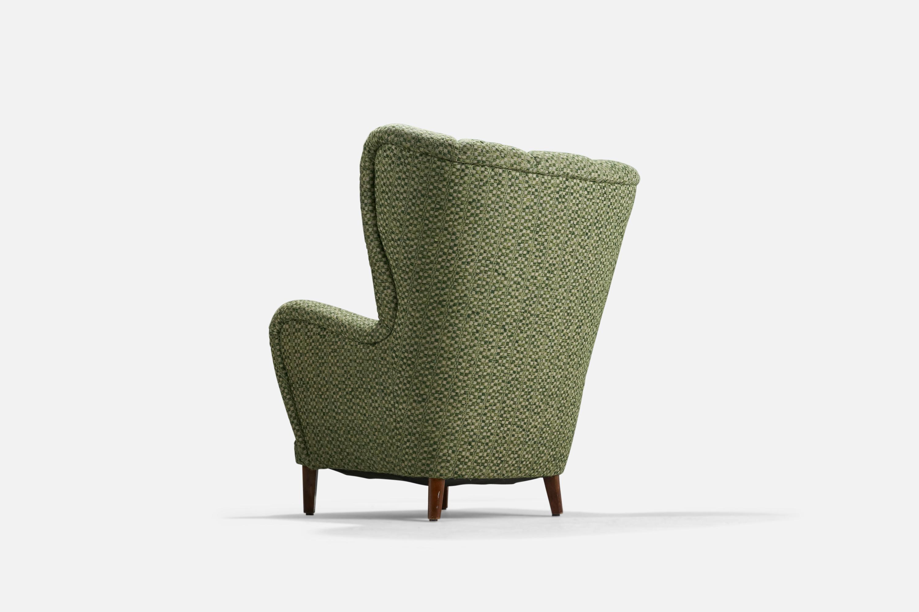 Mid-20th Century Danish Designer, Lounge Chair, Green Fabric, Wood, Denmark, 1940s For Sale