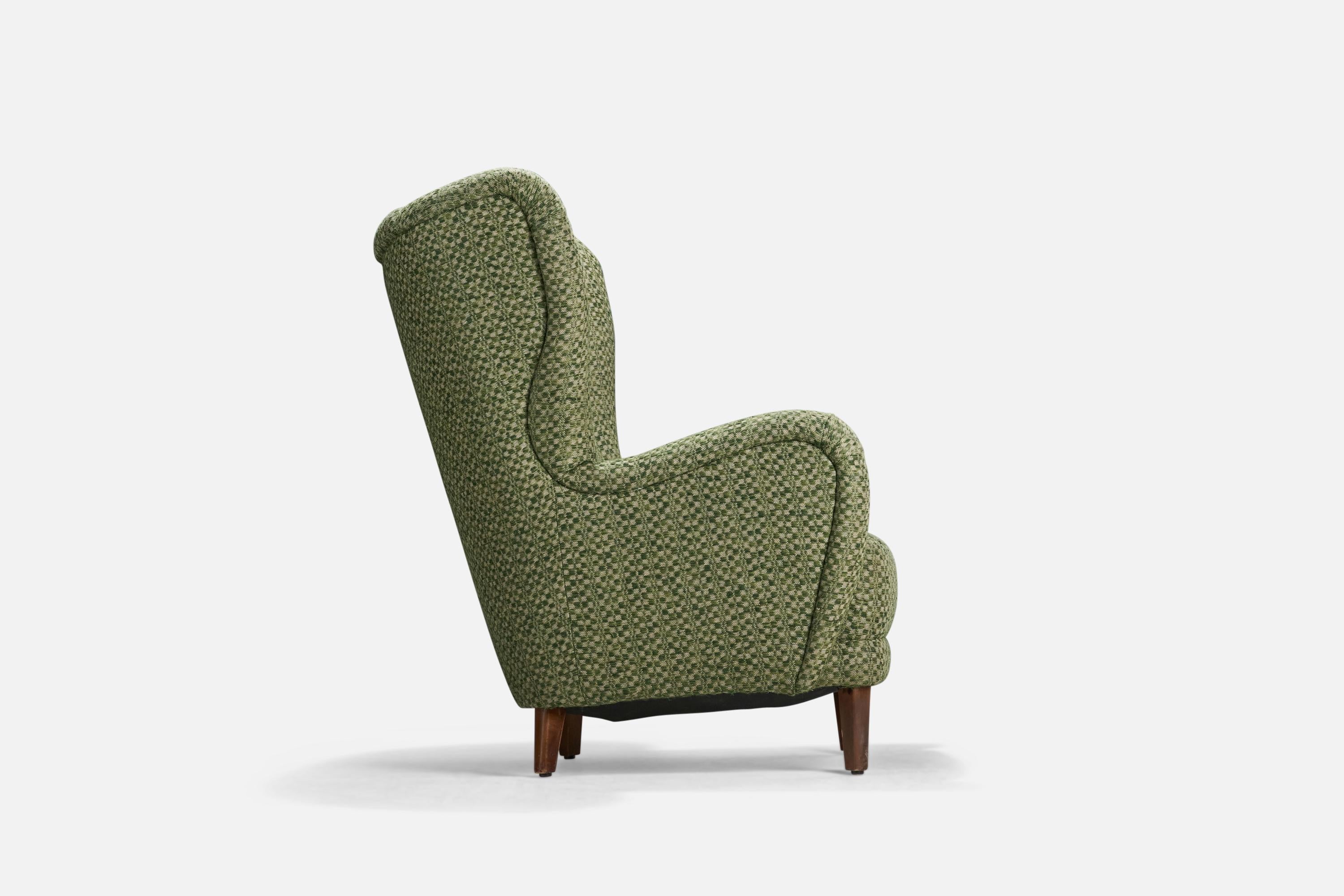 Danish Designer, Lounge Chair, Green Fabric, Wood, Denmark, 1940s For Sale 1