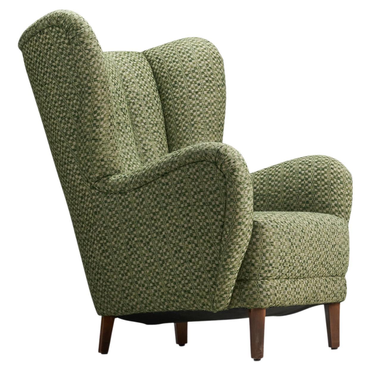 Fauteuil de salon danois, tissu vert, bois, designer, Danemark, années 1940 en vente