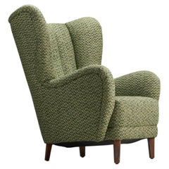 Danish Designer, Lounge Chair, Green Fabric, Wood, Denmark, 1940s