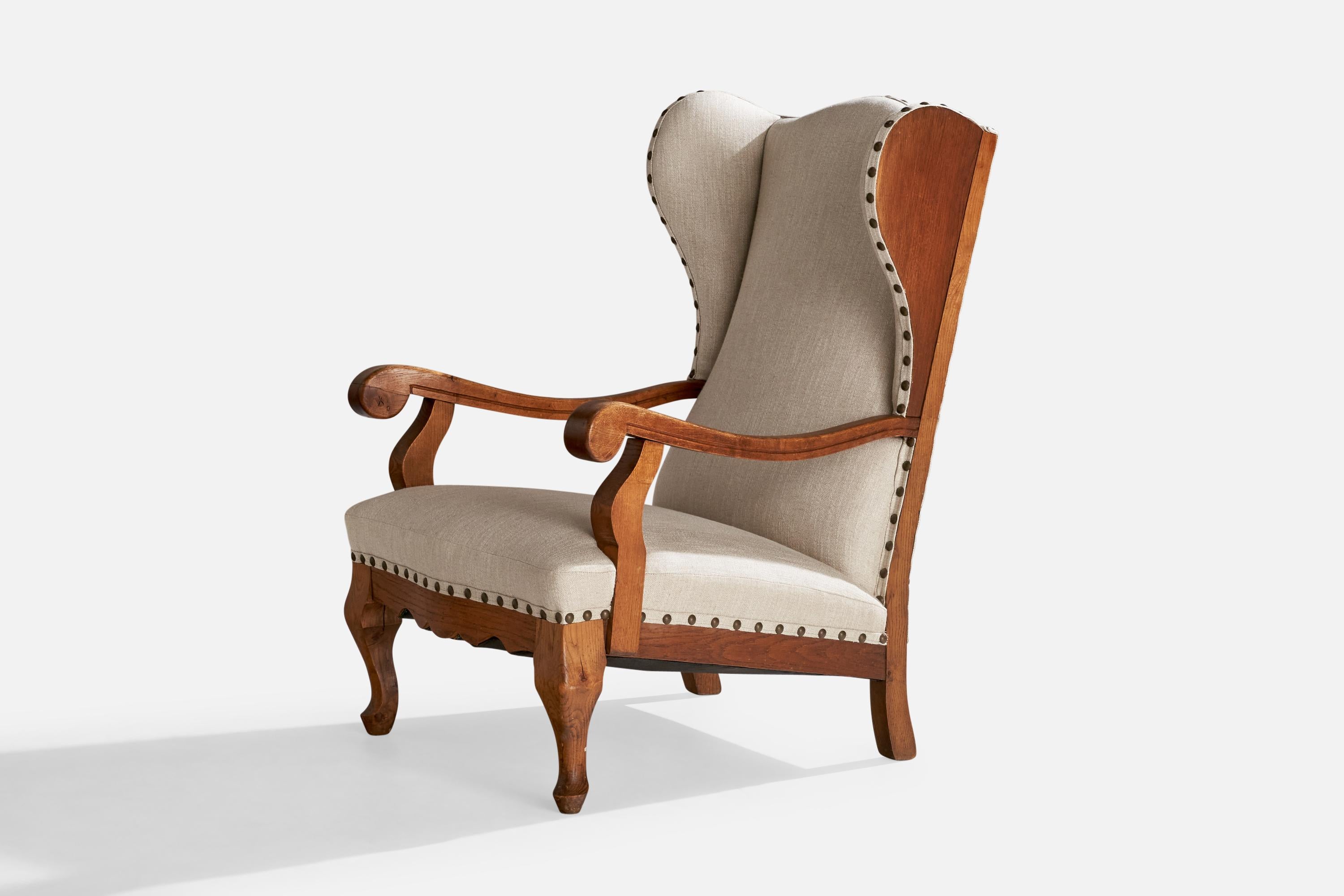 Danish Designer, Lounge Chair, Oak, Fabric, Brass, Denmark, 1920s 5