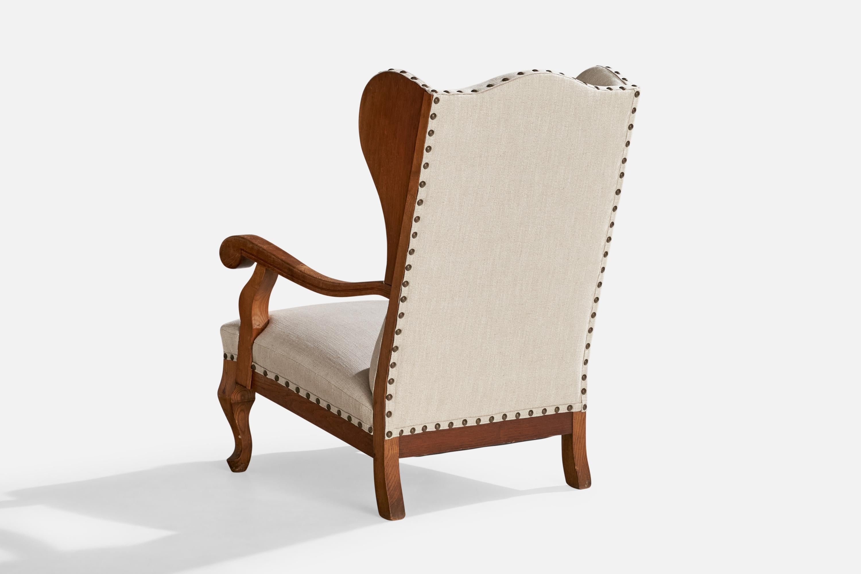 Danish Designer, Lounge Chair, Oak, Fabric, Brass, Denmark, 1920s 6