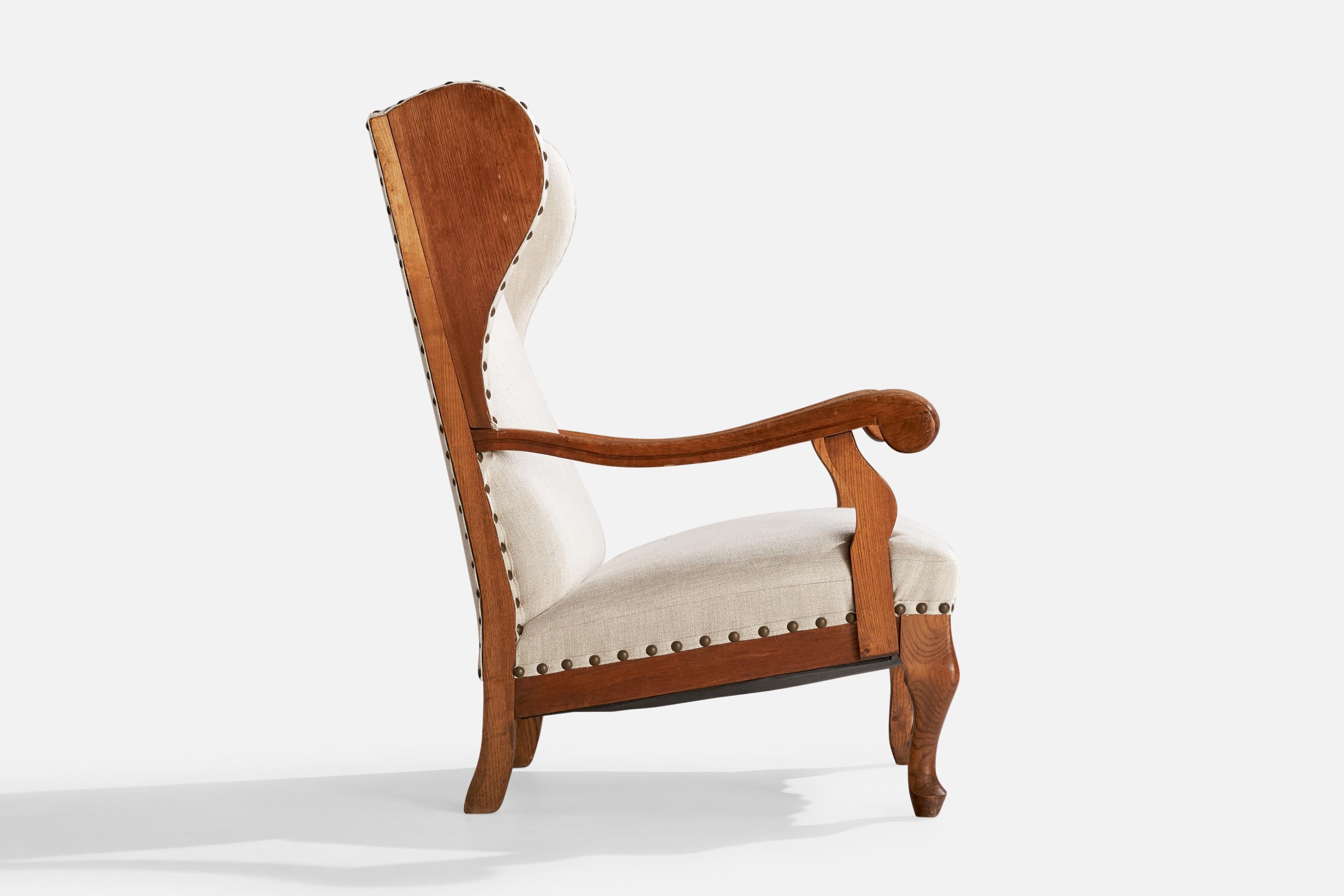 Danish Designer, Lounge Chair, Oak, Fabric, Brass, Denmark, 1920s 7