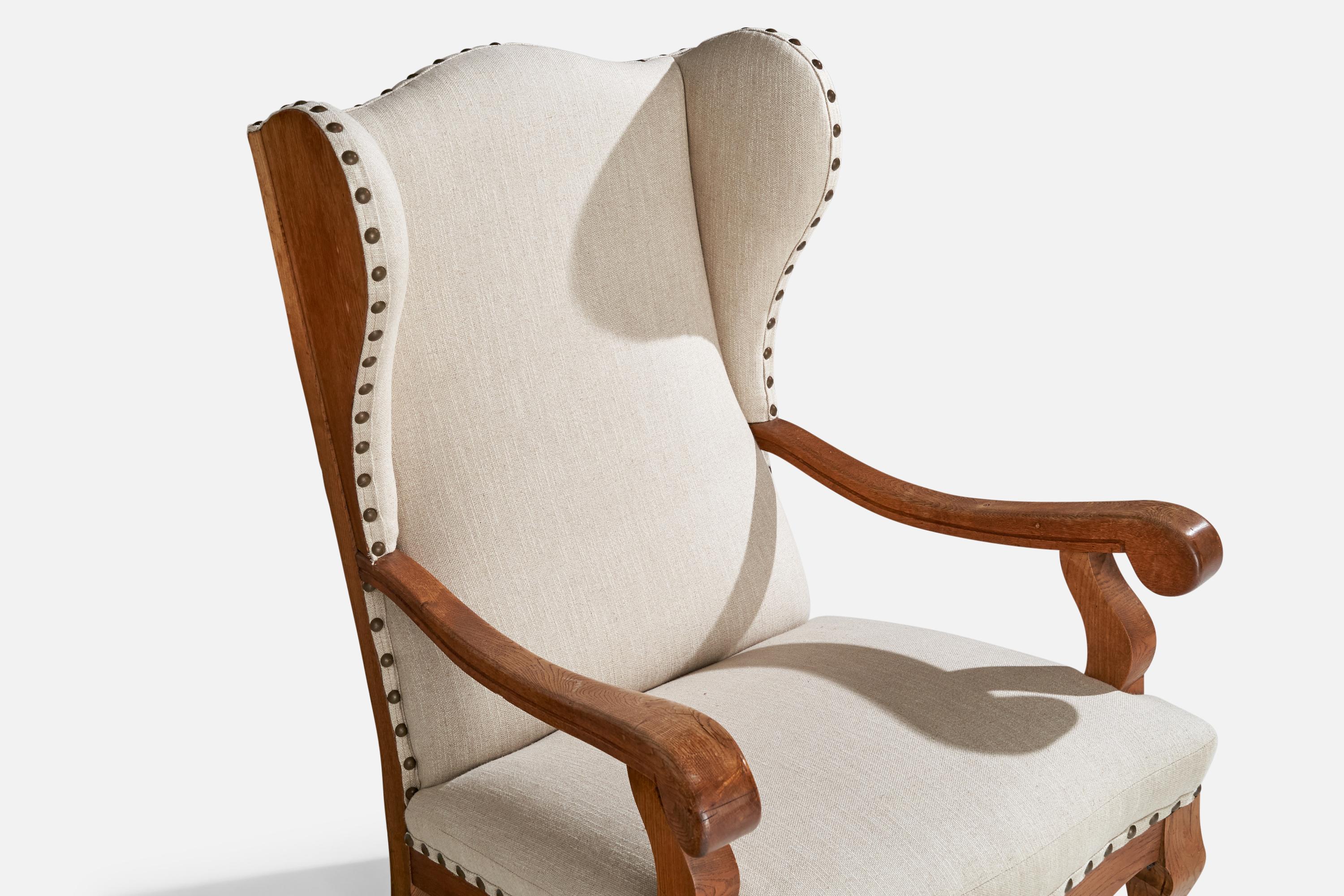 Danish Designer, Lounge Chair, Oak, Fabric, Brass, Denmark, 1920s 8