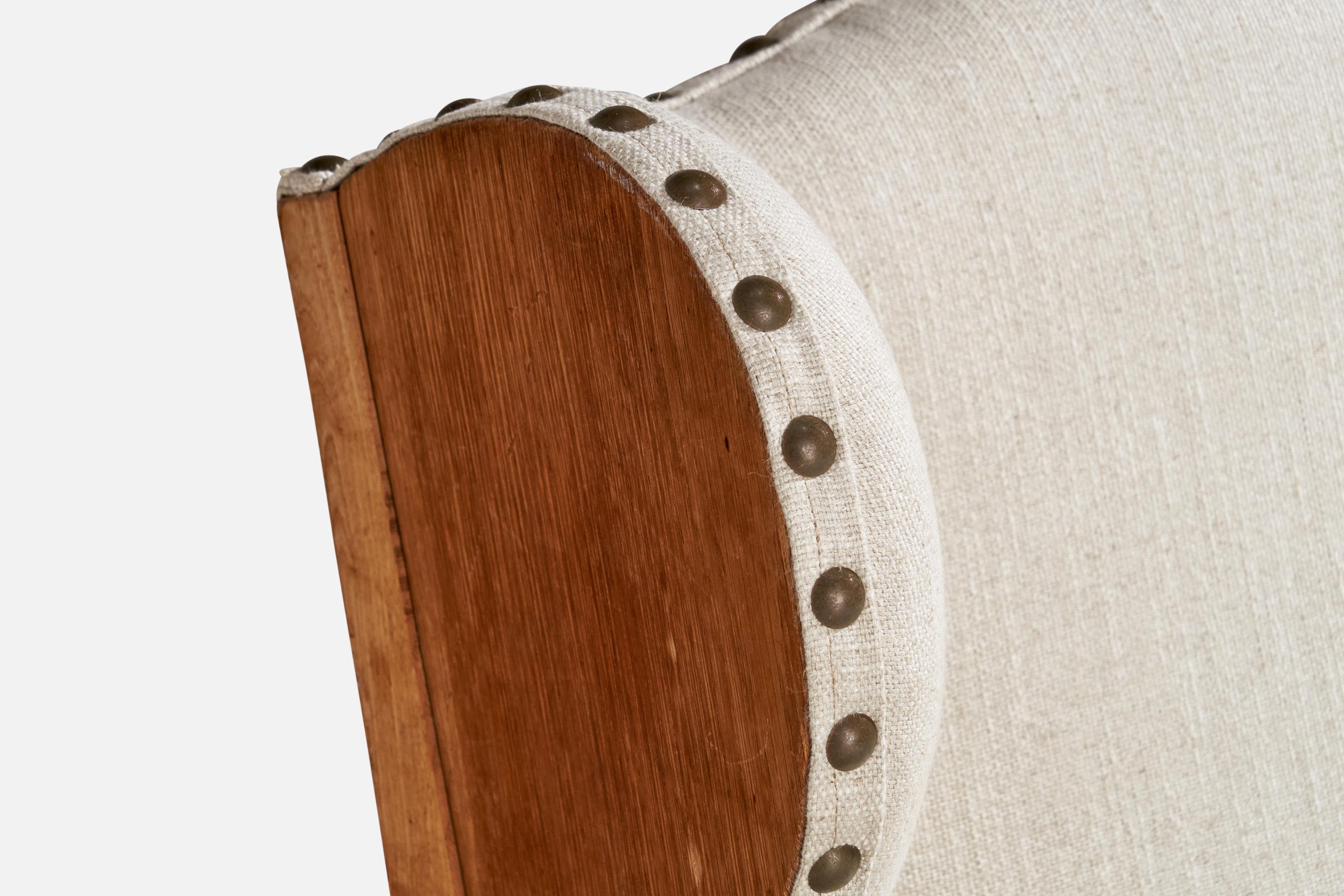 Danish Designer, Lounge Chair, Oak, Fabric, Brass, Denmark, 1920s 10
