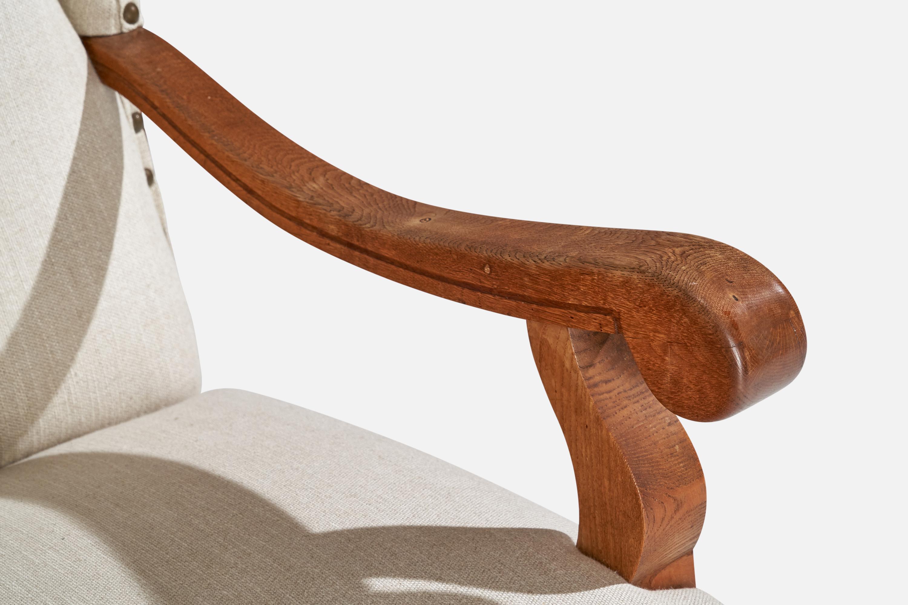 Danish Designer, Lounge Chair, Oak, Fabric, Brass, Denmark, 1920s 11