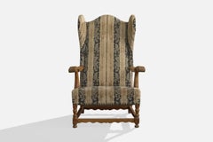 Danish Designer, Lounge Chair, Oak, Fabric, Brass, Denmark, 1920s