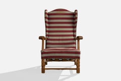 Danish Designer, Lounge Chair, Oak, Fabric, Brass, Denmark, 1920s