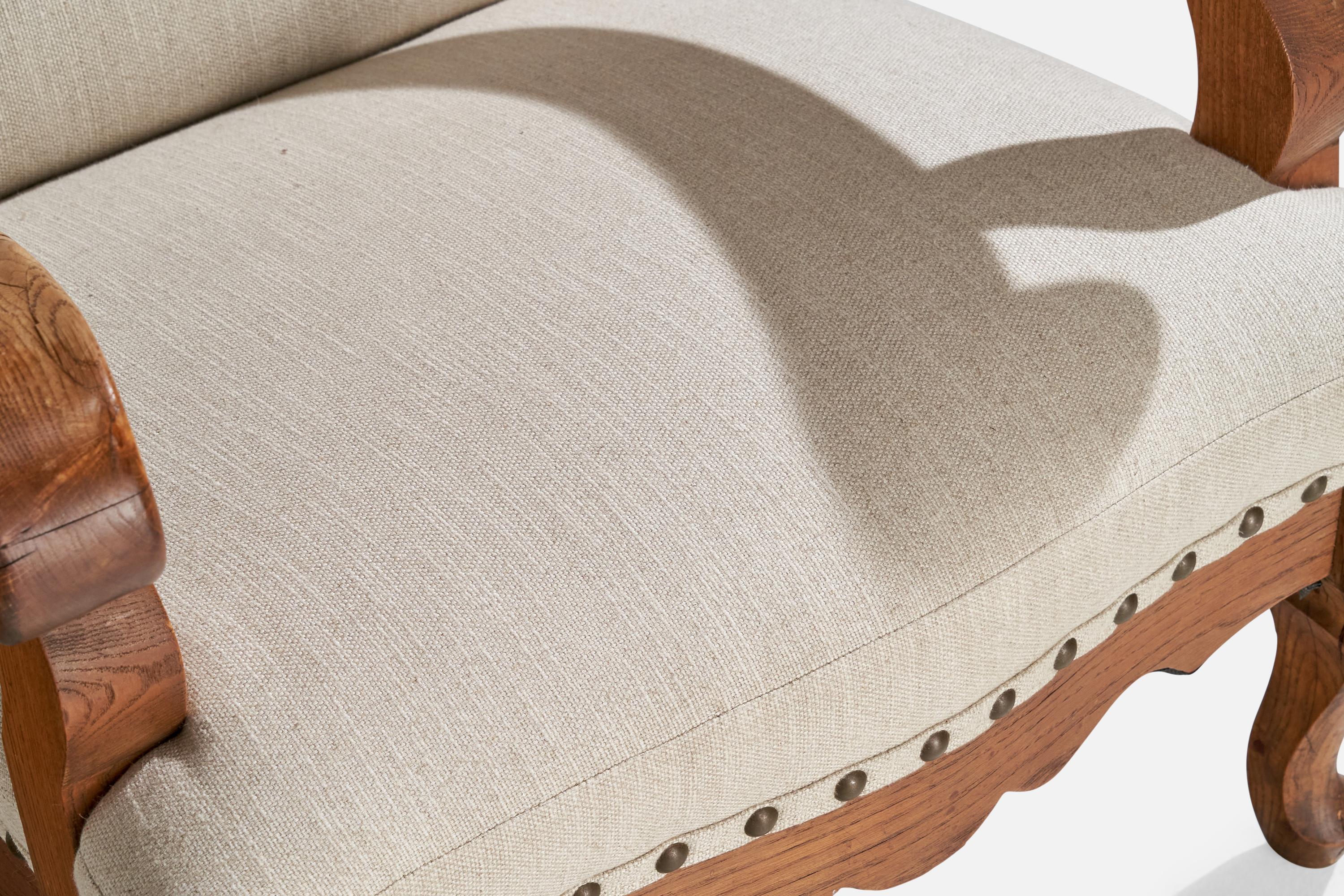 Early 20th Century Danish Designer, Lounge Chair, Oak, Fabric, Brass, Denmark, 1920s