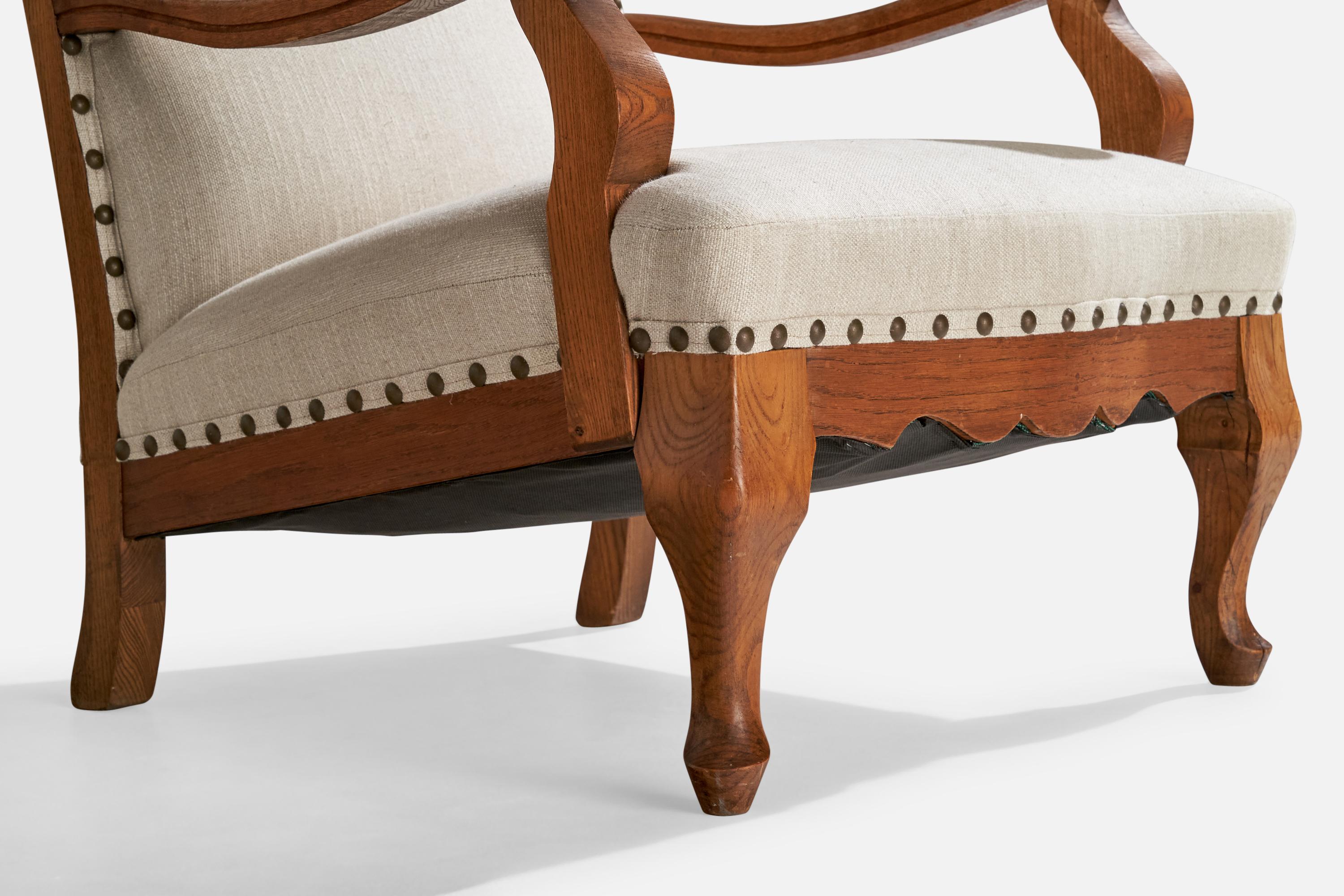 Danish Designer, Lounge Chair, Oak, Fabric, Brass, Denmark, 1920s 1