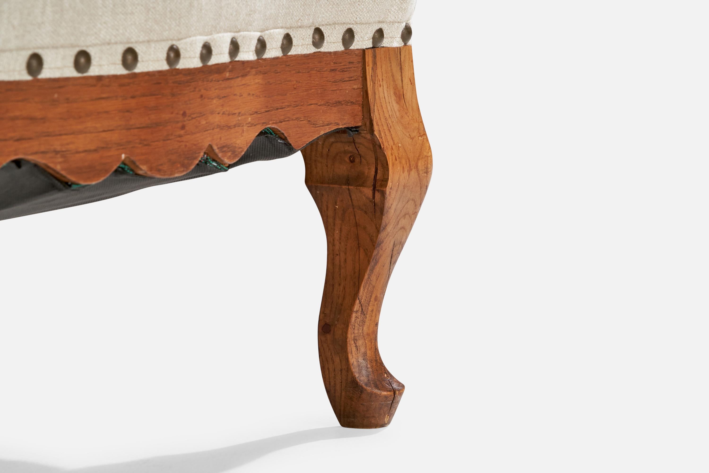 Danish Designer, Lounge Chair, Oak, Fabric, Brass, Denmark, 1920s 2