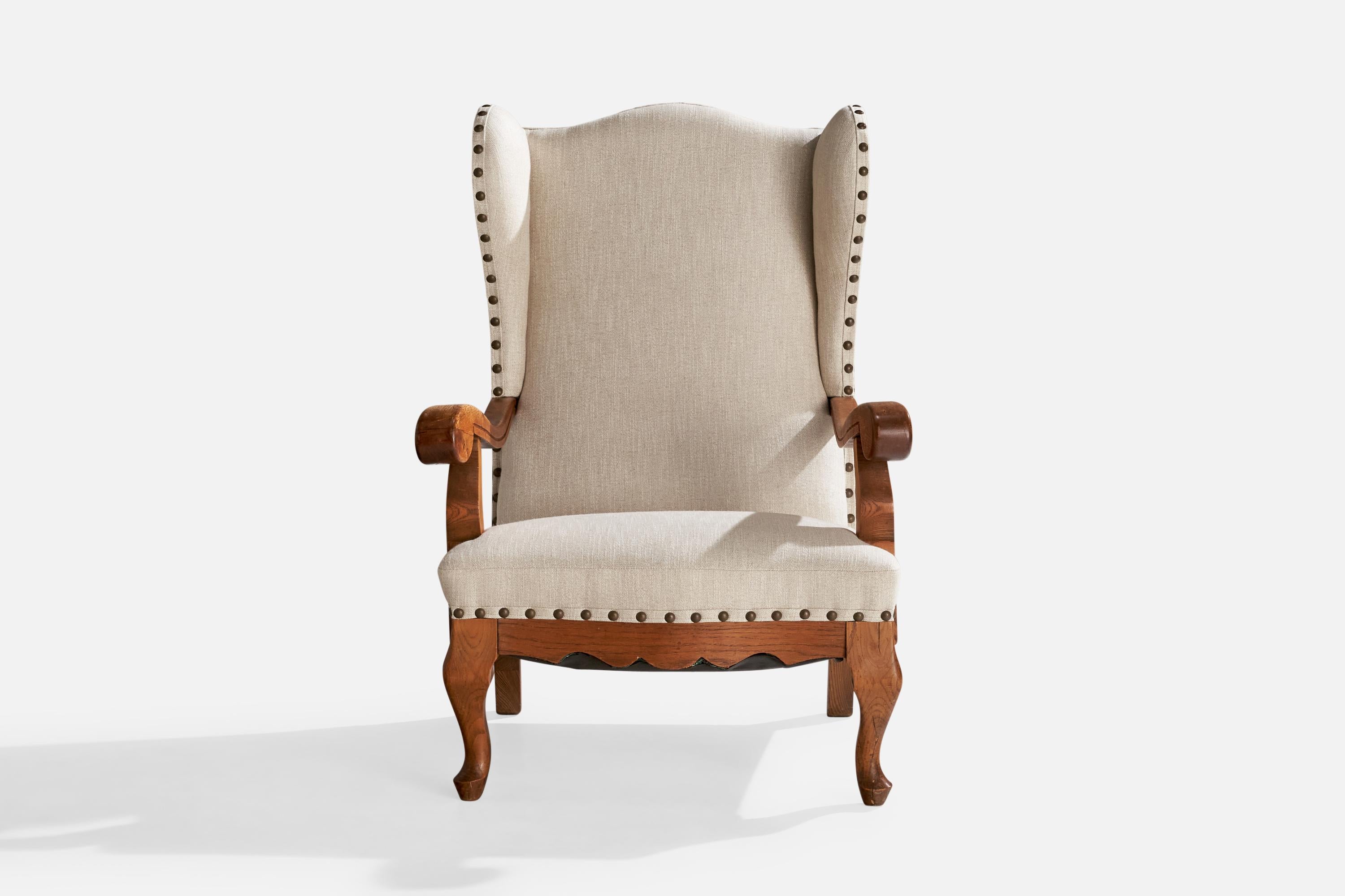 Danish Designer, Lounge Chair, Oak, Fabric, Brass, Denmark, 1920s 4
