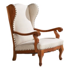 Danish Designer, Lounge Chair, Oak, Fabric, Brass, Denmark, 1920s