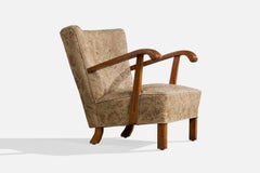 Danish Designer, Lounge Chair, Oak, Fabric, Denmark, 1940s