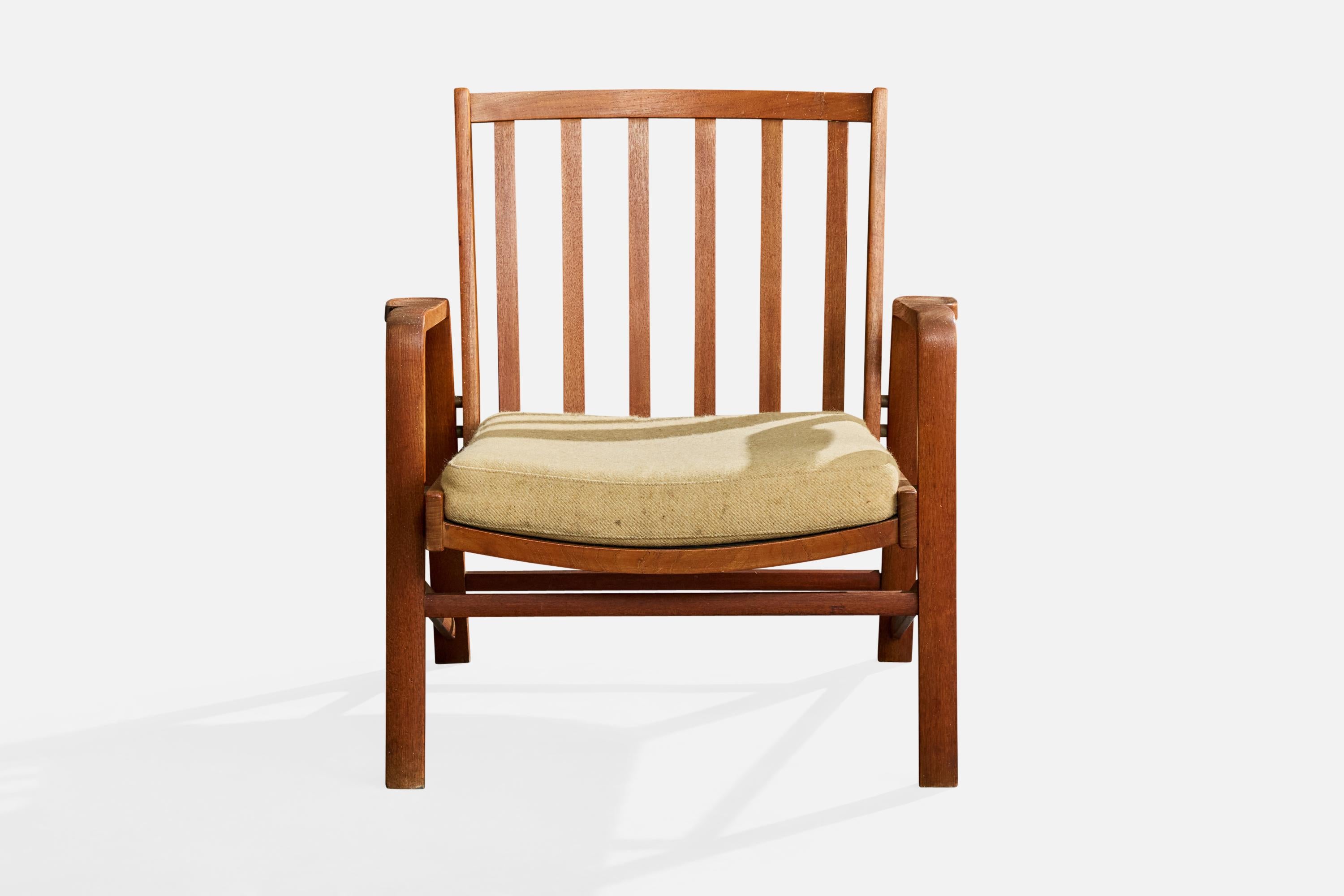Mid-Century Modern Danish Designer, Lounge Chair, Oak, Fabric, Denmark, 1960s For Sale