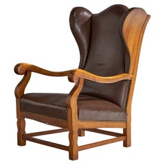 Danish Designer, Lounge Chair, Oak, Leather, Denmark, 1930s
