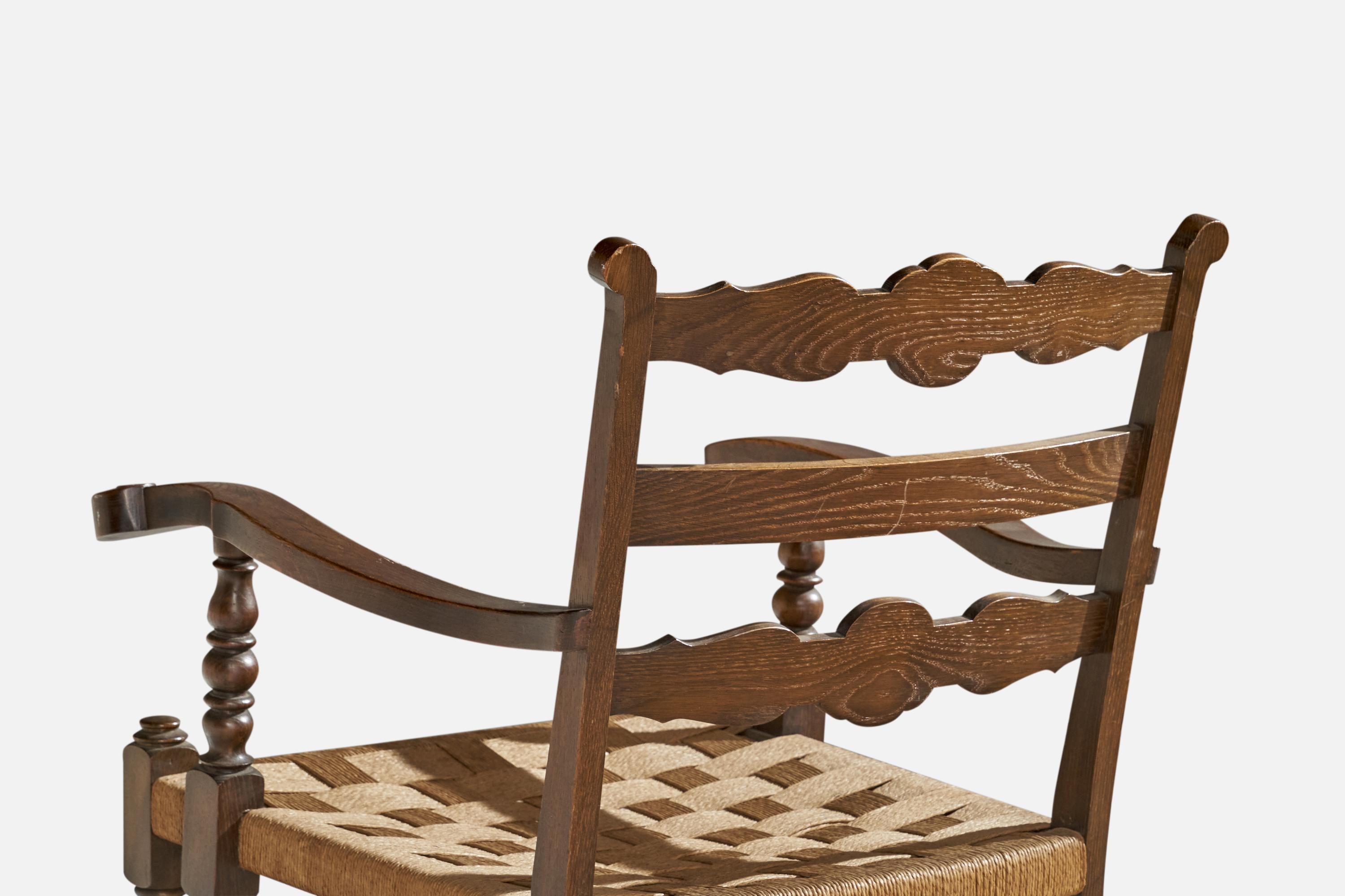 Danish Designer, Lounge Chair, Oak, Rush, Denmark, 1940s For Sale 5
