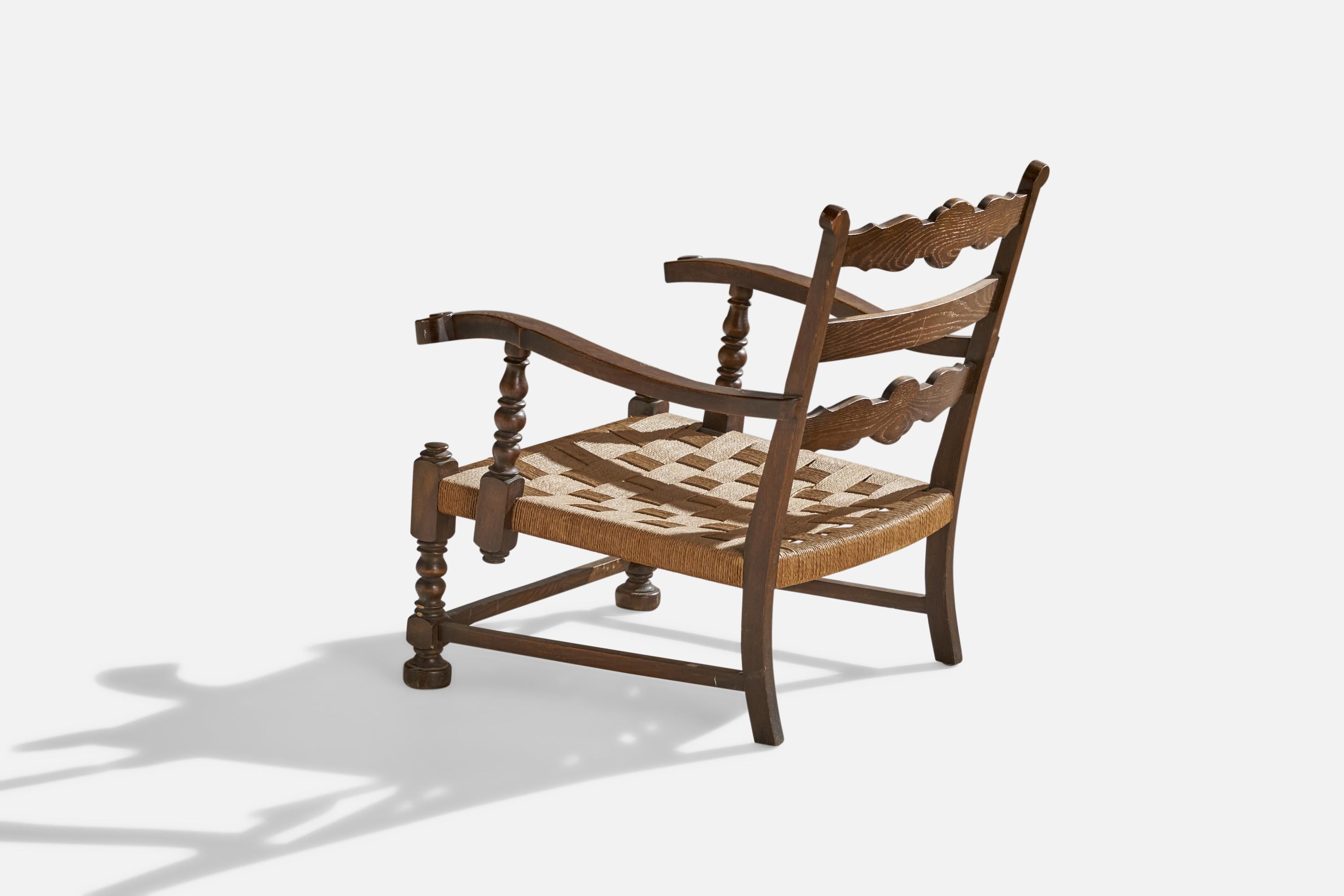 Scandinavian Modern Danish Designer, Lounge Chair, Oak, Rush, Denmark, 1940s For Sale