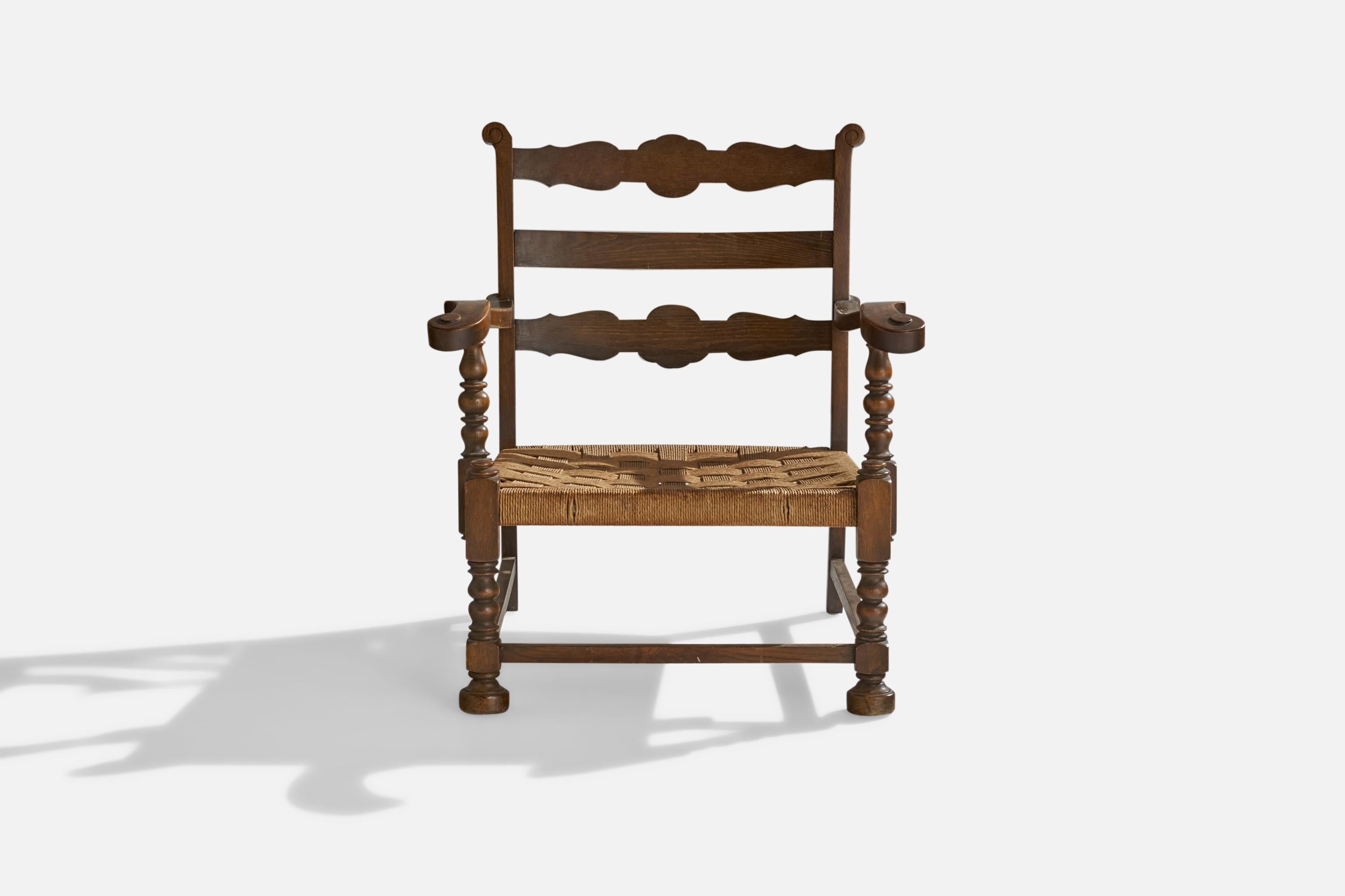 Danish Designer, Lounge Chair, Oak, Rush, Denmark, 1940s For Sale 3