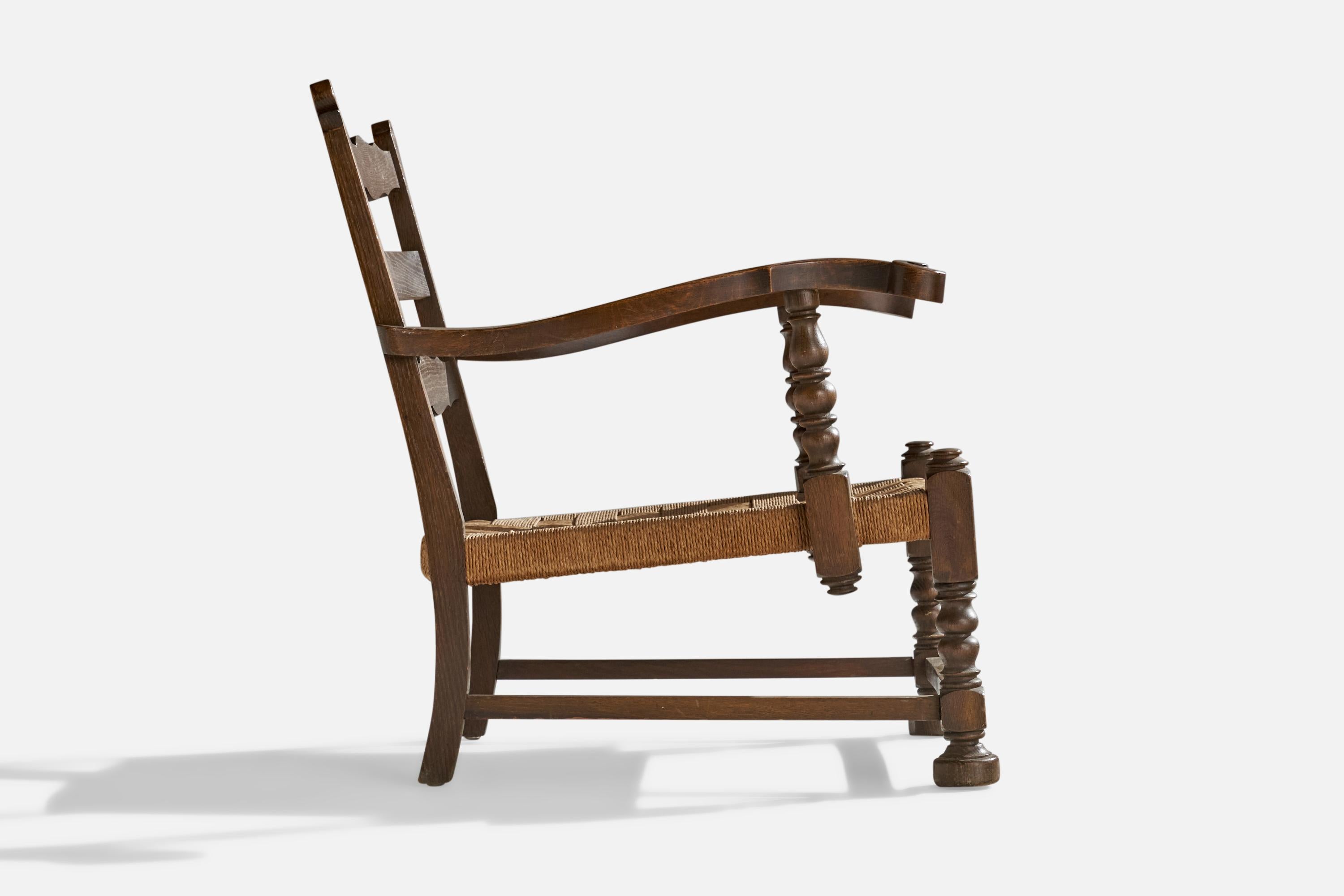 Chaise longue de designer danois, Oak, Rush, Danemark, années 1940 en vente 2