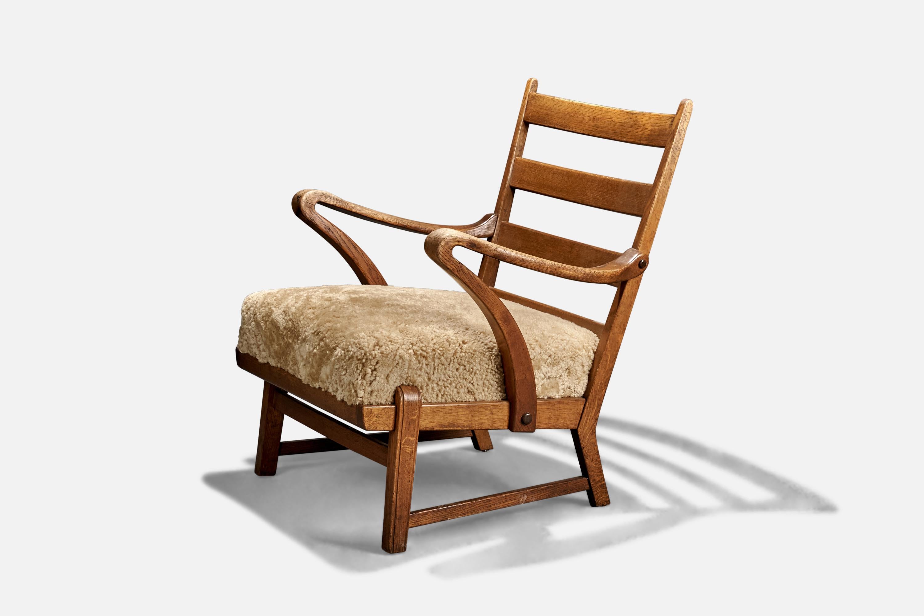 Scandinavian Modern Danish Designer, Lounge Chair, Oak, Shearling, Denmark, 1940s For Sale