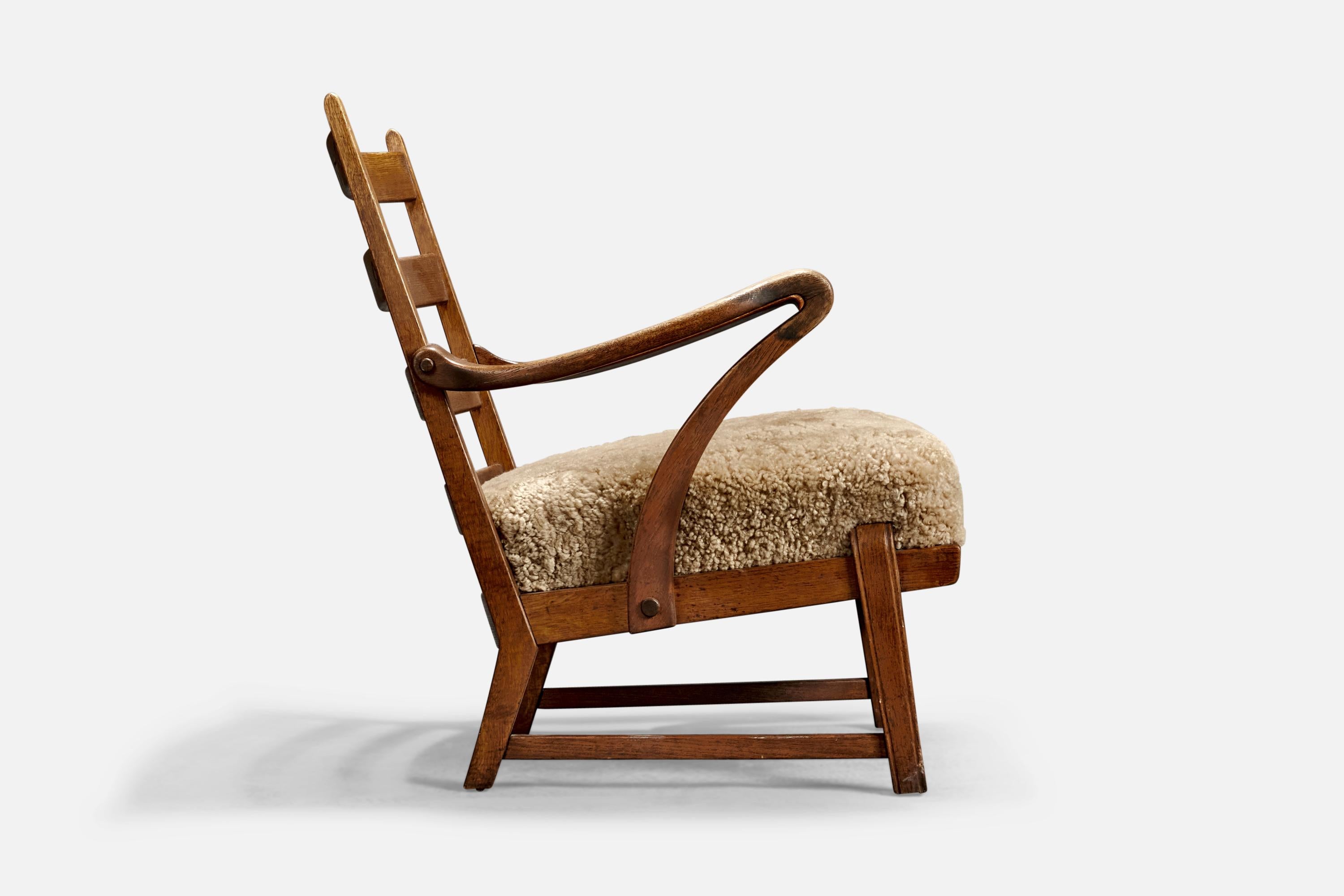 Mid-20th Century Danish Designer, Lounge Chair, Oak, Shearling, Denmark, 1940s