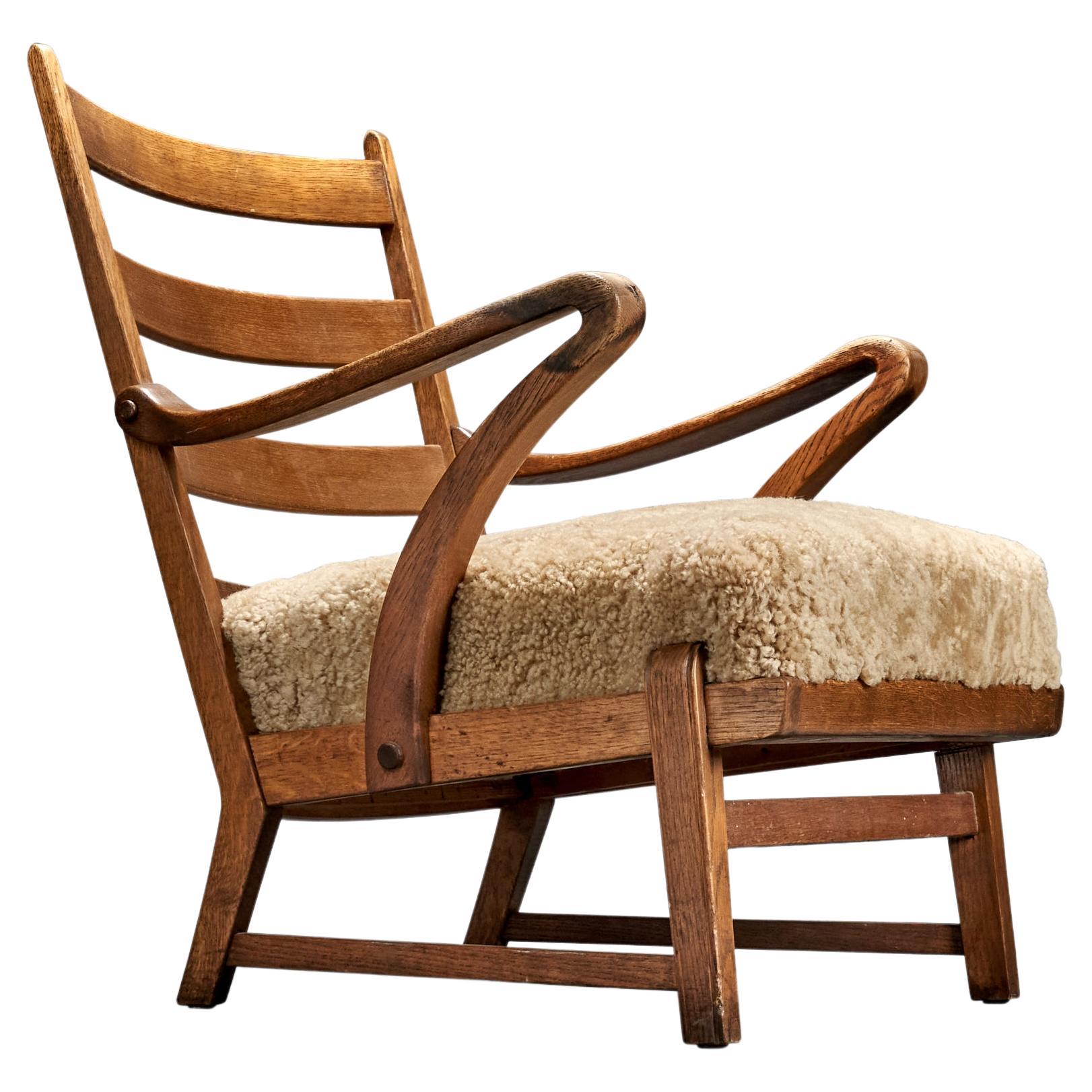 Danish Designer, Lounge Chair, Oak, Shearling, Denmark, 1940s