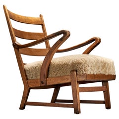 Antique Danish Designer, Lounge Chair, Oak, Shearling, Denmark, 1940s