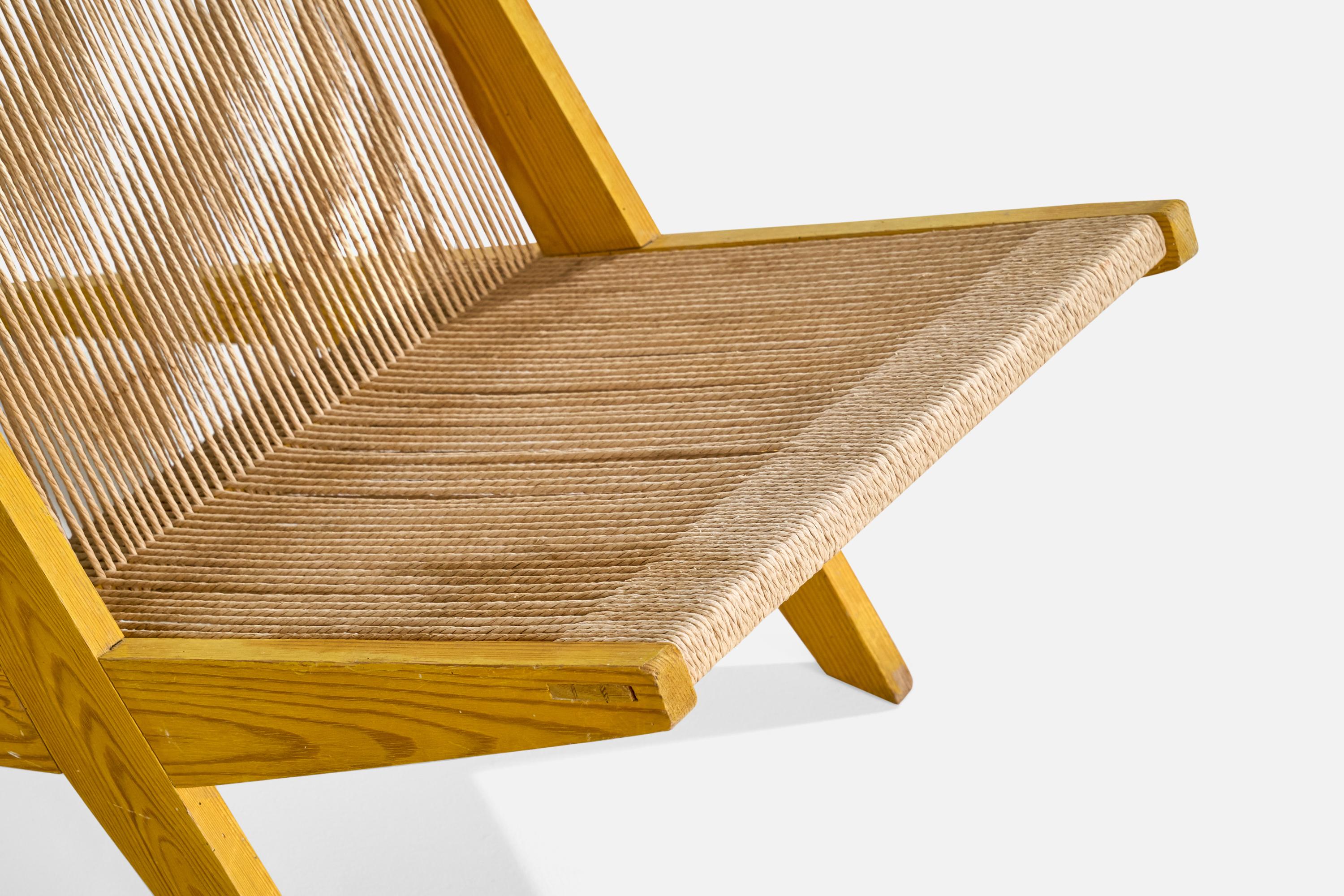 Dänischer Designer, Loungesessel, Kiefernholz, Papierkordel, Dänemark, 1960er Jahre im Angebot 5