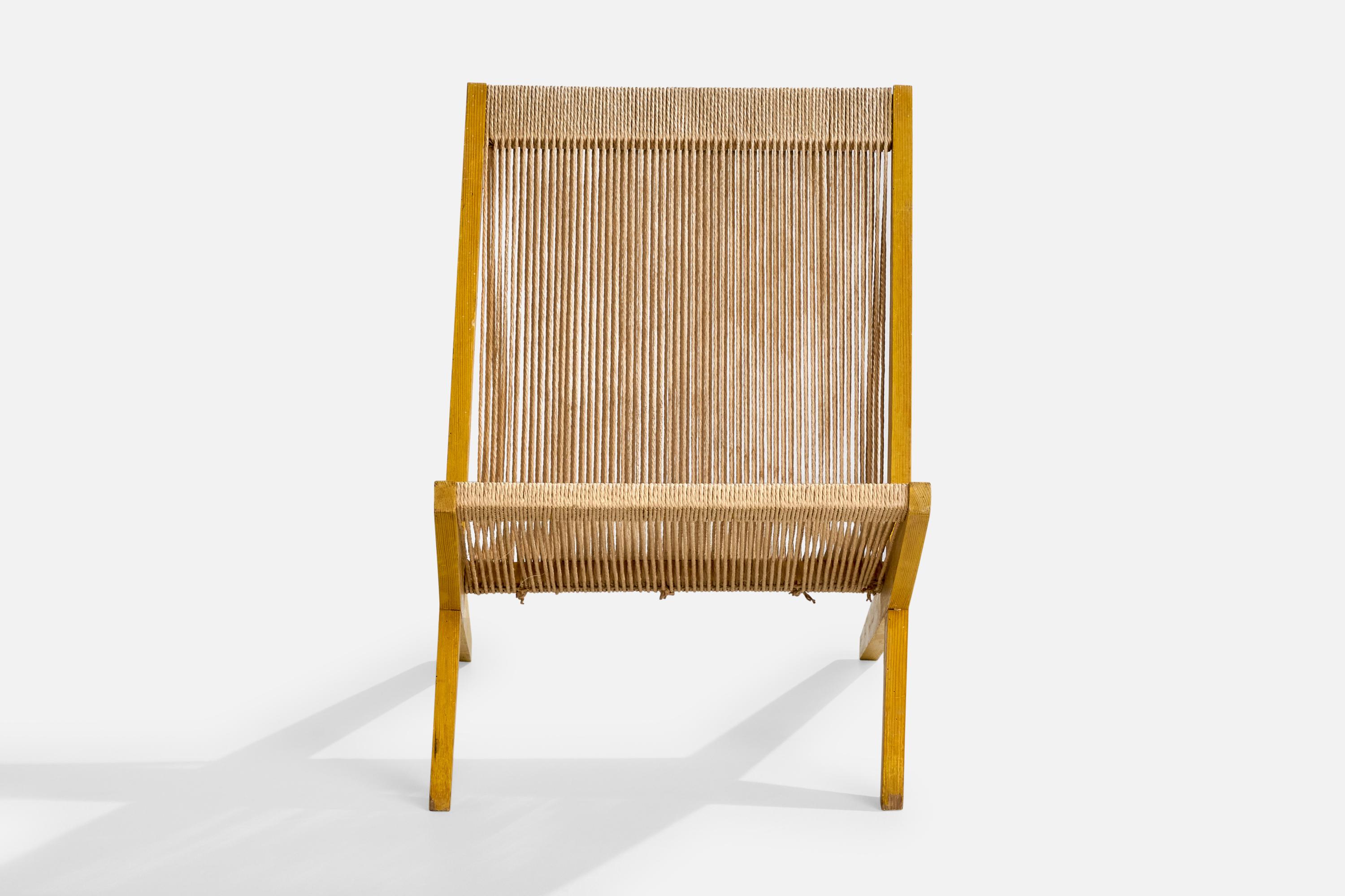 Dänischer Designer, Loungesessel, Kiefernholz, Papierkordel, Dänemark, 1960er Jahre (Moderne der Mitte des Jahrhunderts) im Angebot