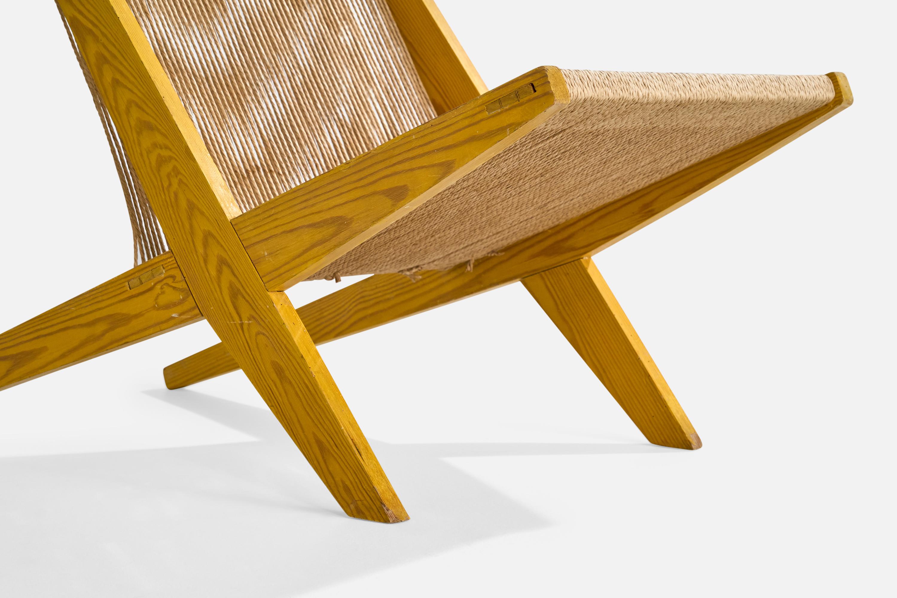 Dänischer Designer, Loungesessel, Kiefernholz, Papierkordel, Dänemark, 1960er Jahre im Angebot 1