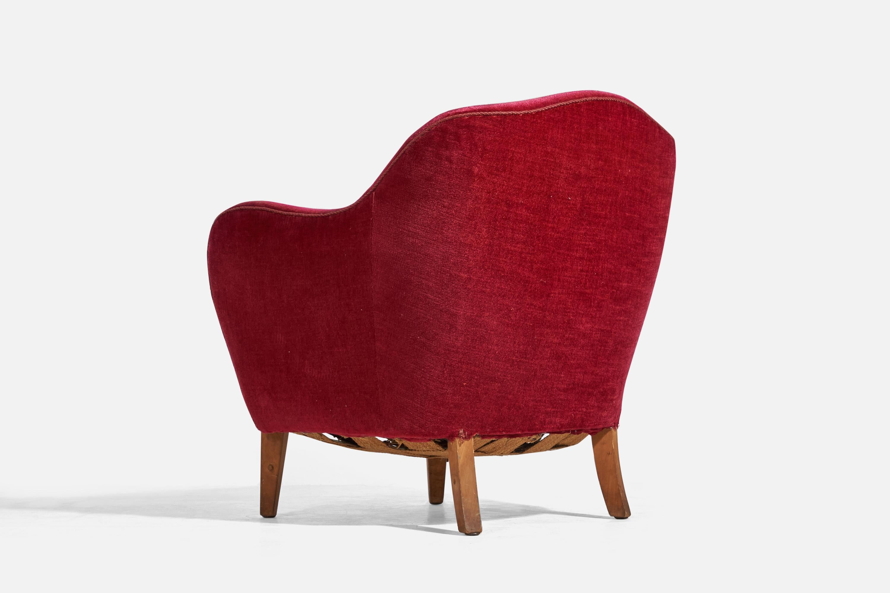 Scandinavian Modern Danish Designer, Lounge Chair, Red Velvet, Beech, Denmark, 1940s For Sale