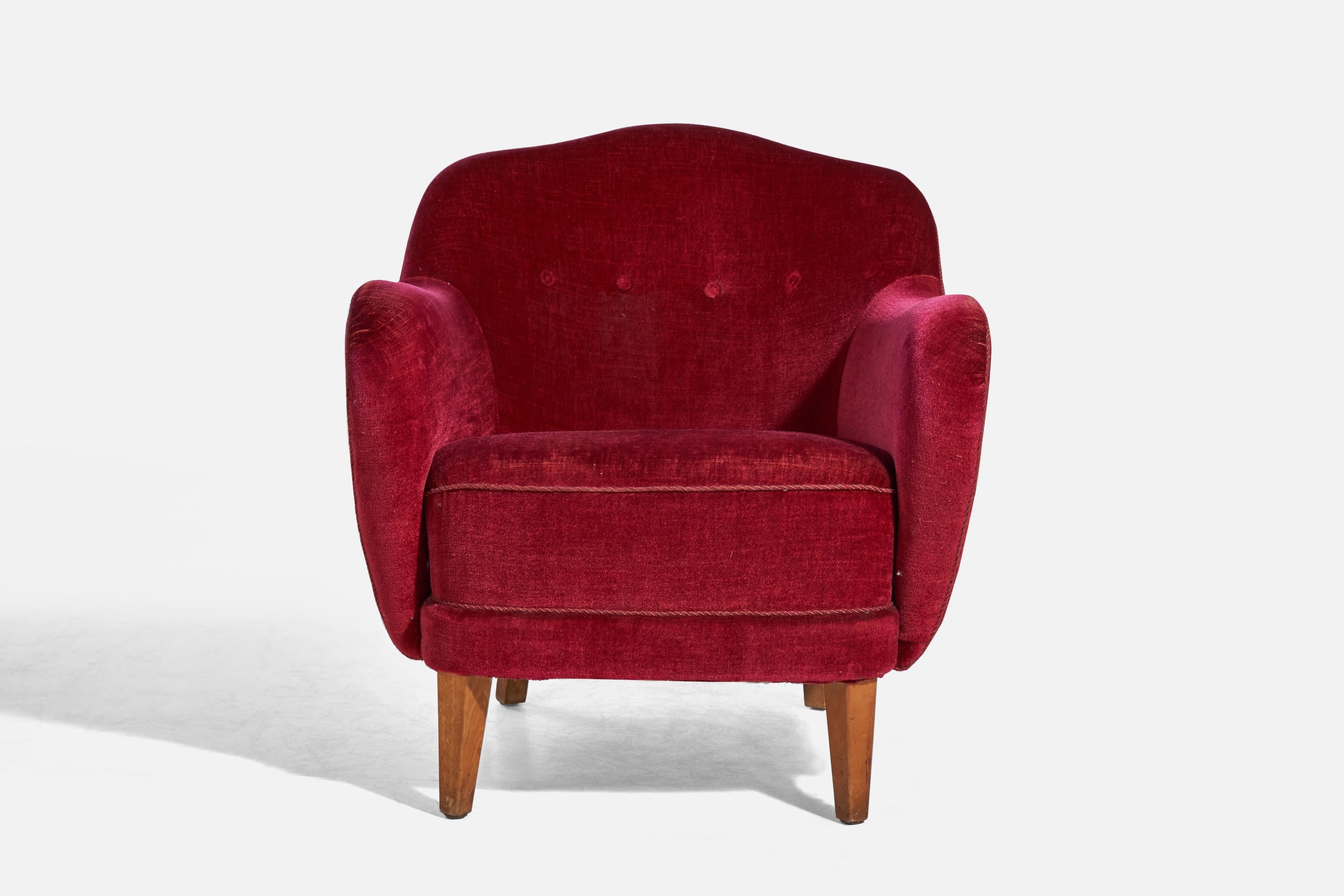 Mid-20th Century Danish Designer, Lounge Chair, Red Velvet, Beech, Denmark, 1940s For Sale