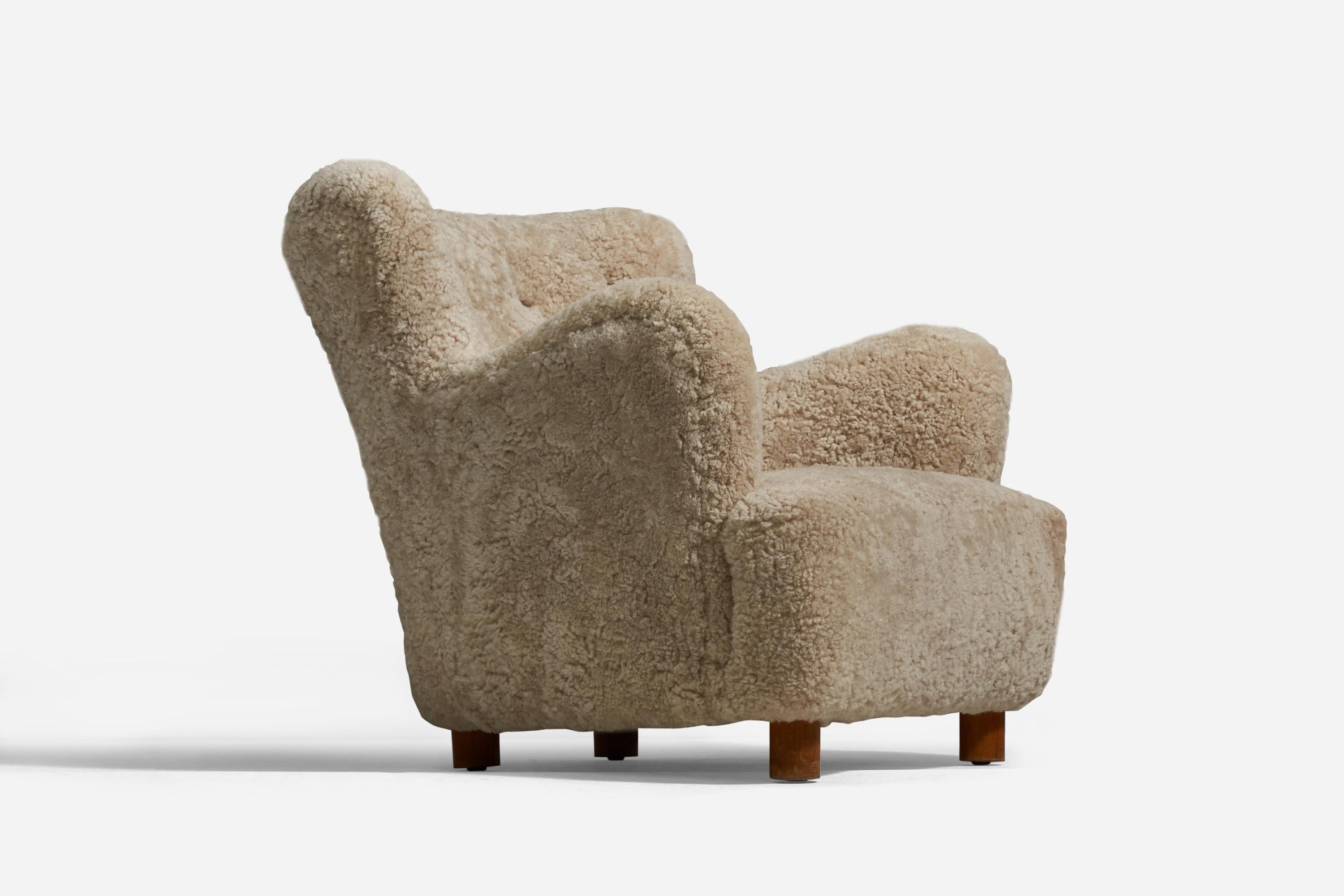 Organic Modern Danish Designer, Lounge Chair, Shearling, Beech, Denmark, 1940s