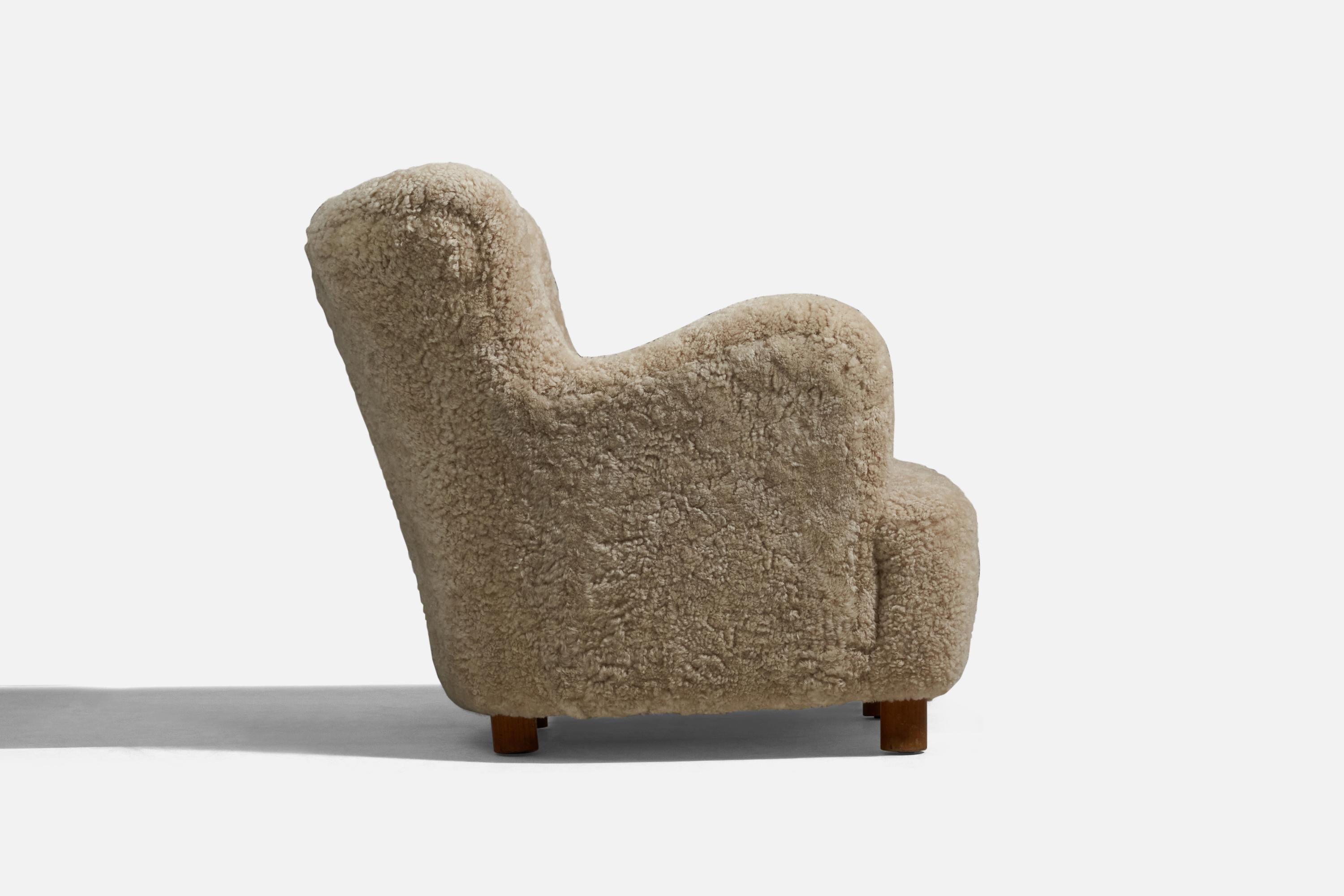 Mid-20th Century Danish Designer, Lounge Chair, Shearling, Beech, Denmark, 1940s